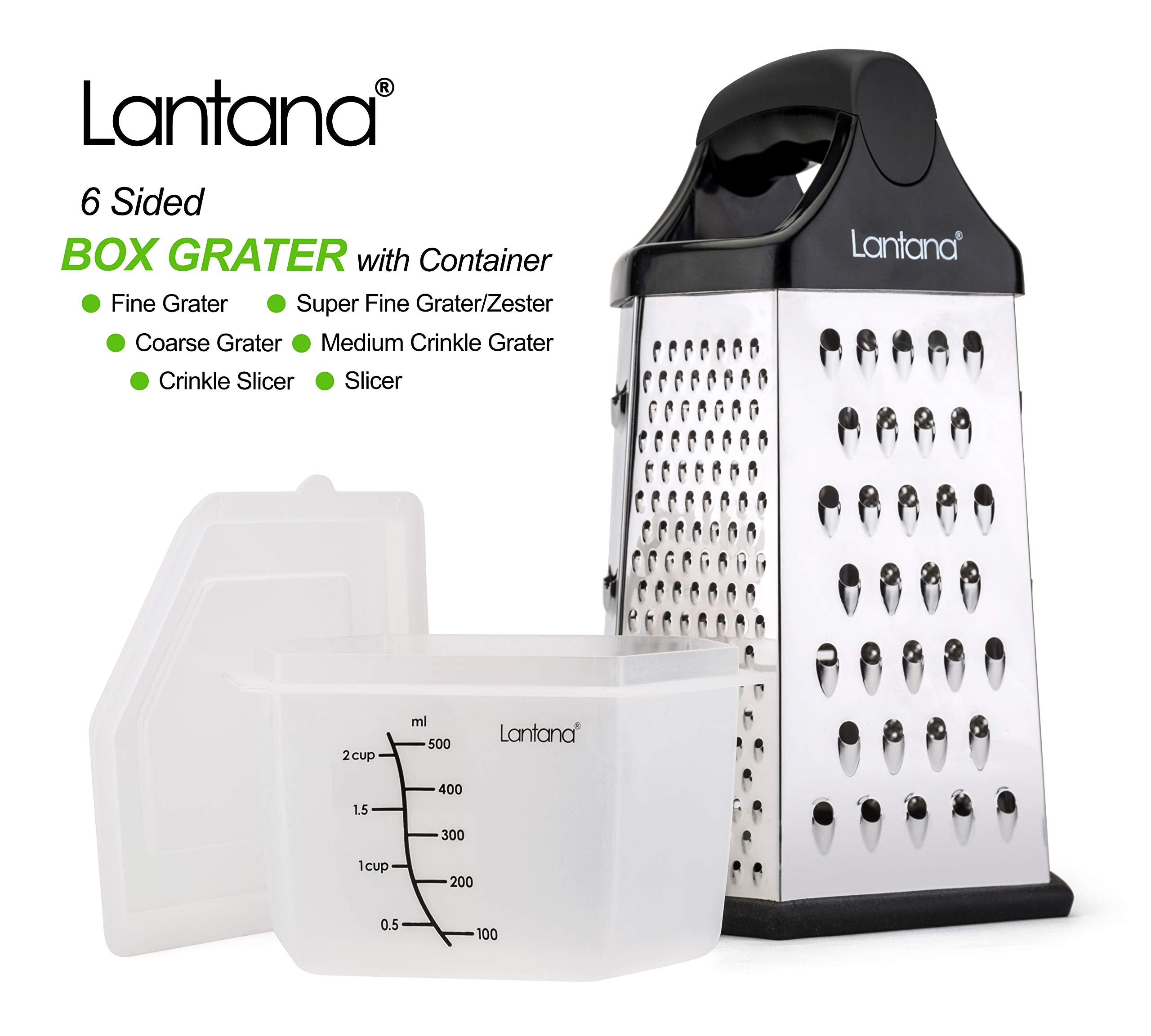 Lantana Cheese Grater with Container & Lid – Hand held Grater/Slicer/Zester with 6 Essential Kitchen functions for Coarse, Medium, Fine, Micro-Grating/Zesting/Slicing - Black/Polished Stainless Steel