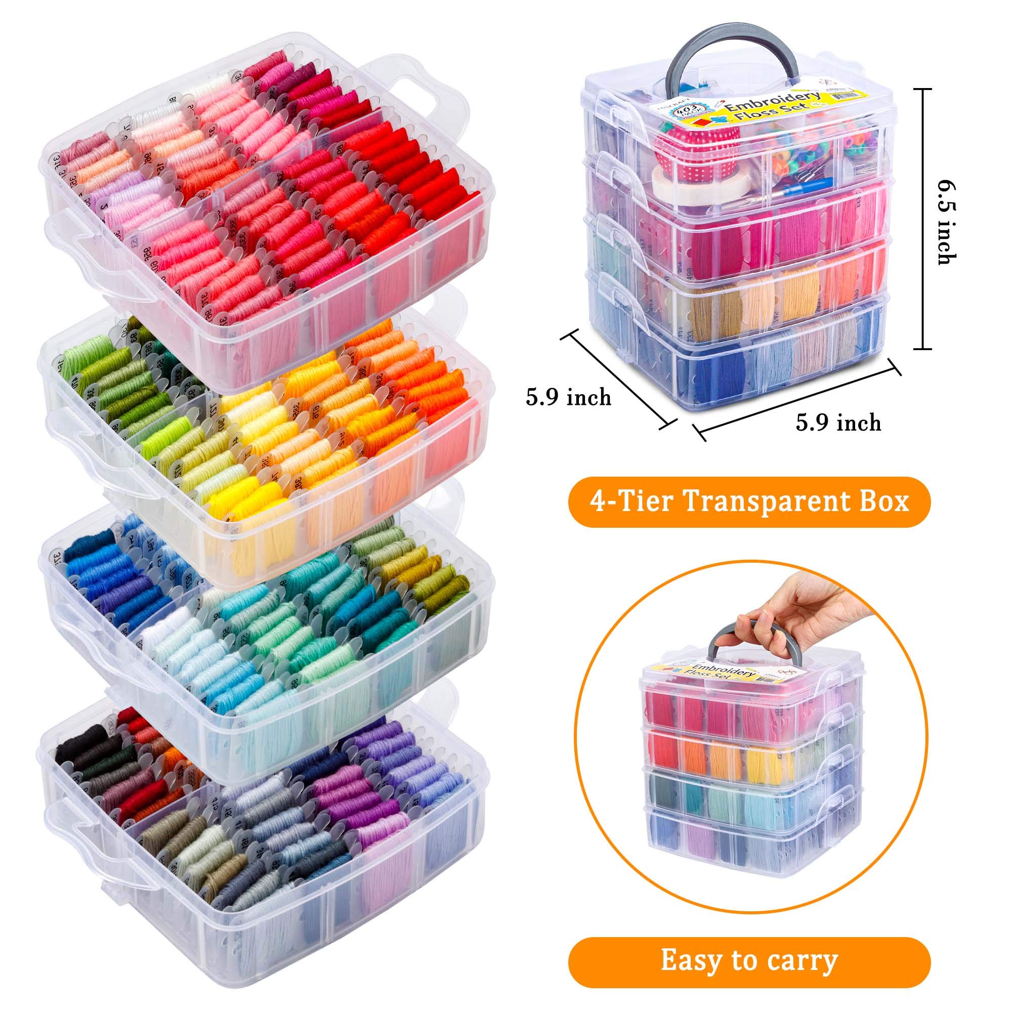 INSCRAFT 403 Pack Embroidery Floss Set, 250 Colors Cross Stitch Friendship Bracelet Thread with 153 Pcs Cross Stitch Tool, 4-Tier Transparent Box for Storage