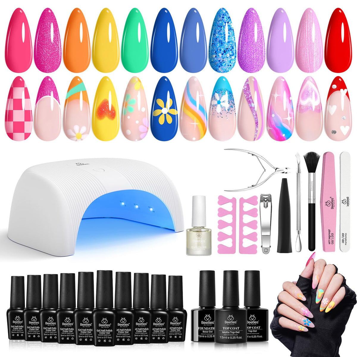 Beetles Gel Nail Polish Kit with UV Light 12 Colors Neon Nail Polish Blue Pink Red Glitter Rainbow Spring Gel Polish Starter Kit with 36W Led Nail Lamp 3Pcs Base Top Coat for Women