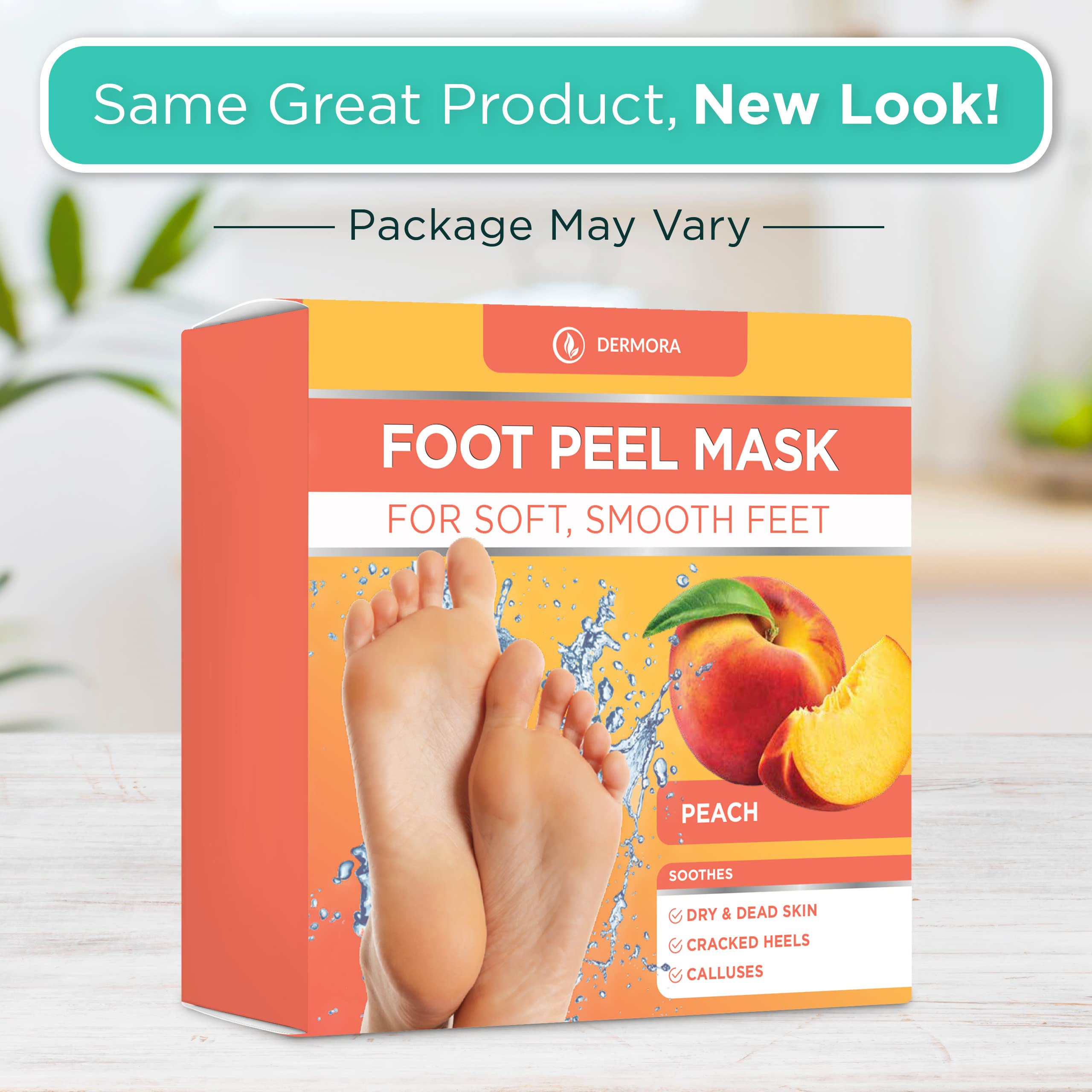 DERMORA Foot Peel Mask - 4 Pack Exfoliating Masks for Dry, Cracked Feet - Callus and Dead Skin Remover for Baby Soft Feet with Peach Scent