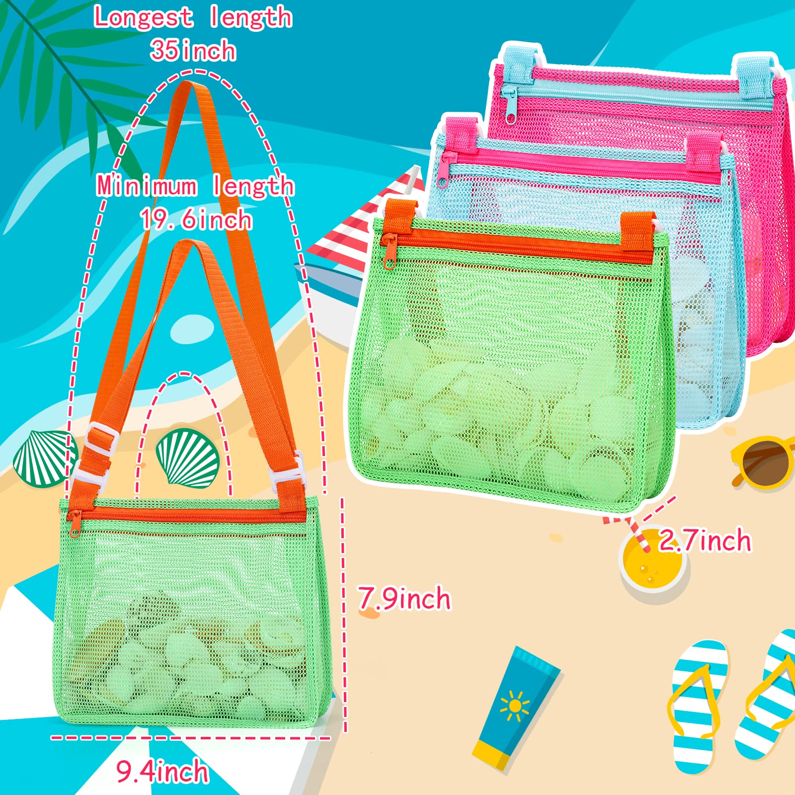 Tagitary Beach Toys Mesh Beach Bag Sand Toy Seashell Collecting Bag Pool Bag Swimming Beach Accessories Gift for Boys and Girls (Only Bags,A Set of 3)