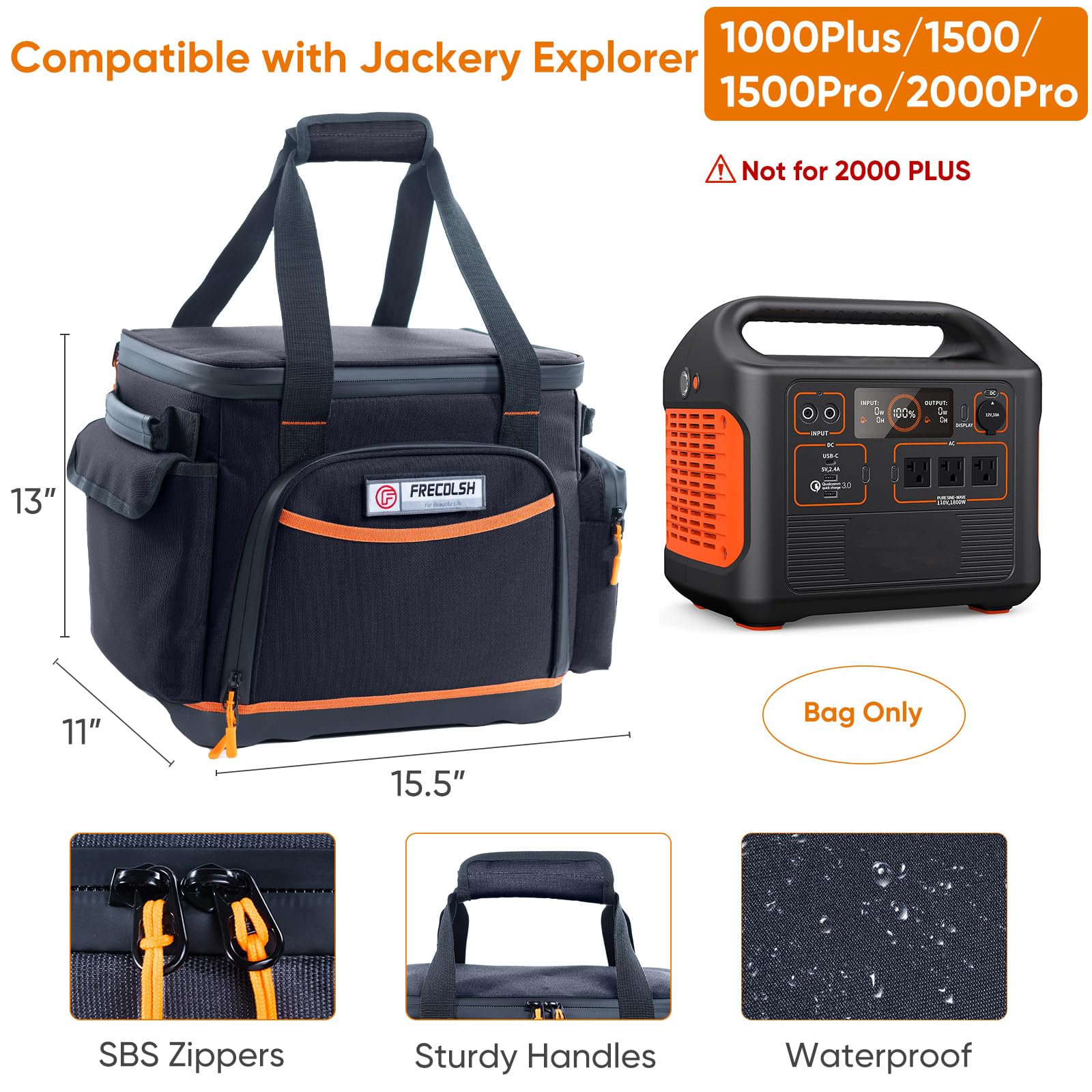 FRECOLSH Travel Carrying Case Compatible with Jackery Explorer 1500, Portable Power Station Storage Case with Waterproof Bottom and Pocket for Jackery Accessories Solar Generator, Storage Bag Only