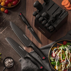 Astercook 15 Piece Knife Set with Sharpener Block - German Stainless Steel, Dishwasher Safe Kitchen Knives with Built-In Sharpener, Black