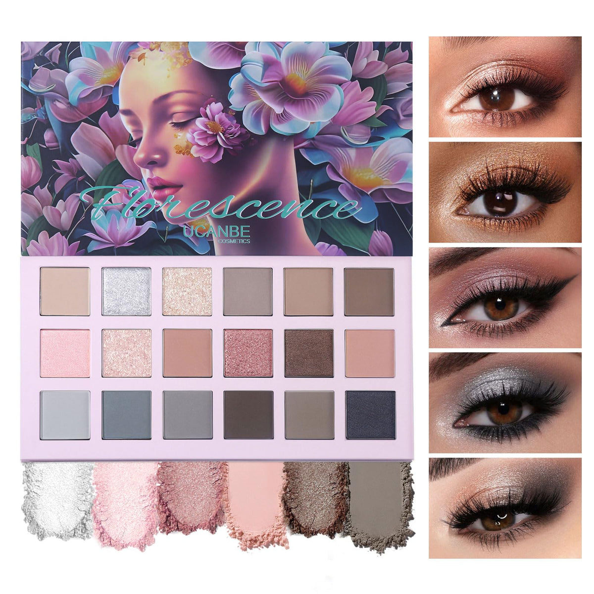 UCANBE Florescence Eyeshadow Palette,18 Colors Nude Neutral Brown Smokey Eye Shadow,Highly Pigmented Matte Shimmer Glitter Make Up Pallet for Women/Girl