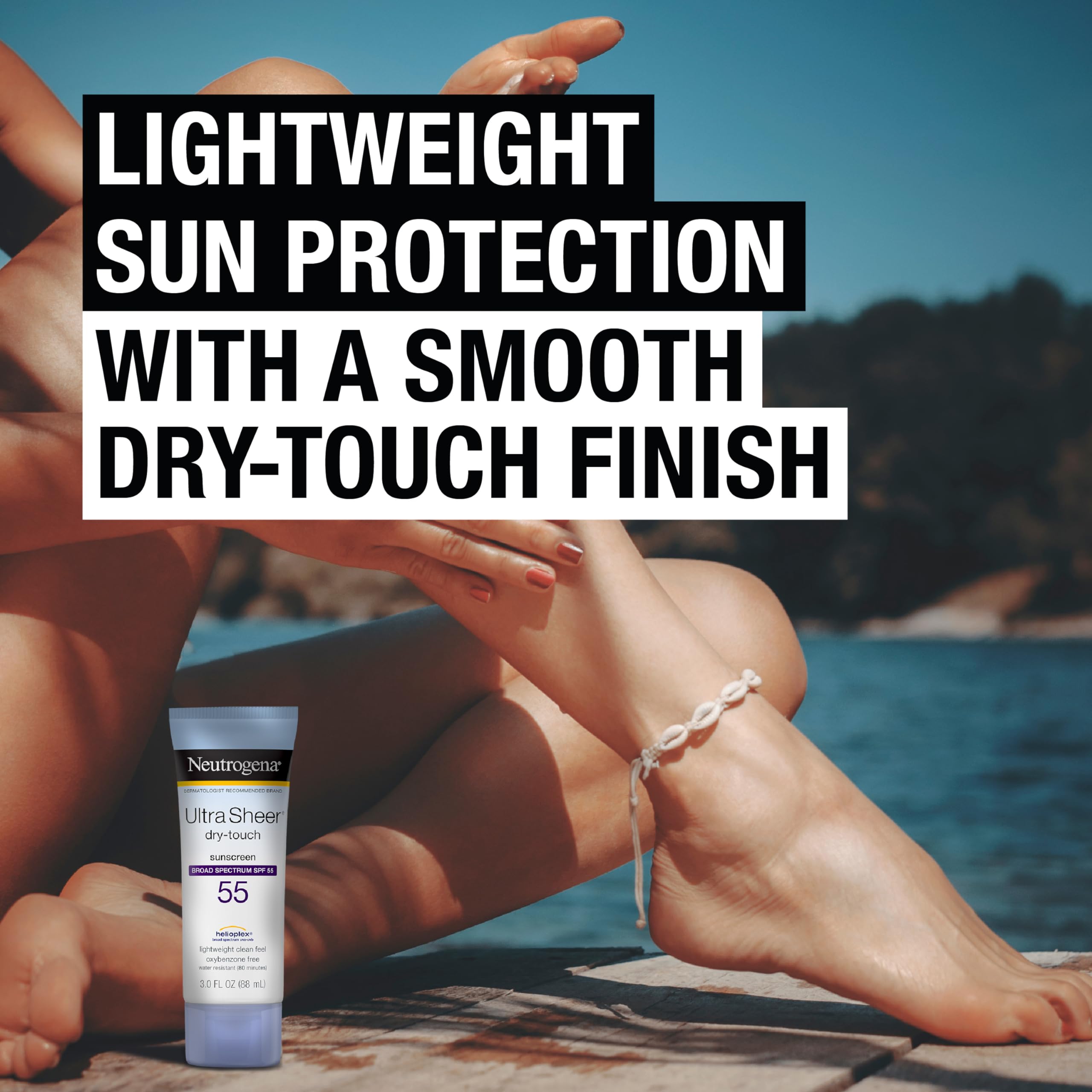 Neutrogena Ultra Sheer Dry-Touch Sunscreen Lotion, Broad Spectrum SPF 55 UVA/UVB Protection, Lightweight Water Resistant Face & Body Sunscreen, Non-Greasy, Travel Size, 3 fl. oz