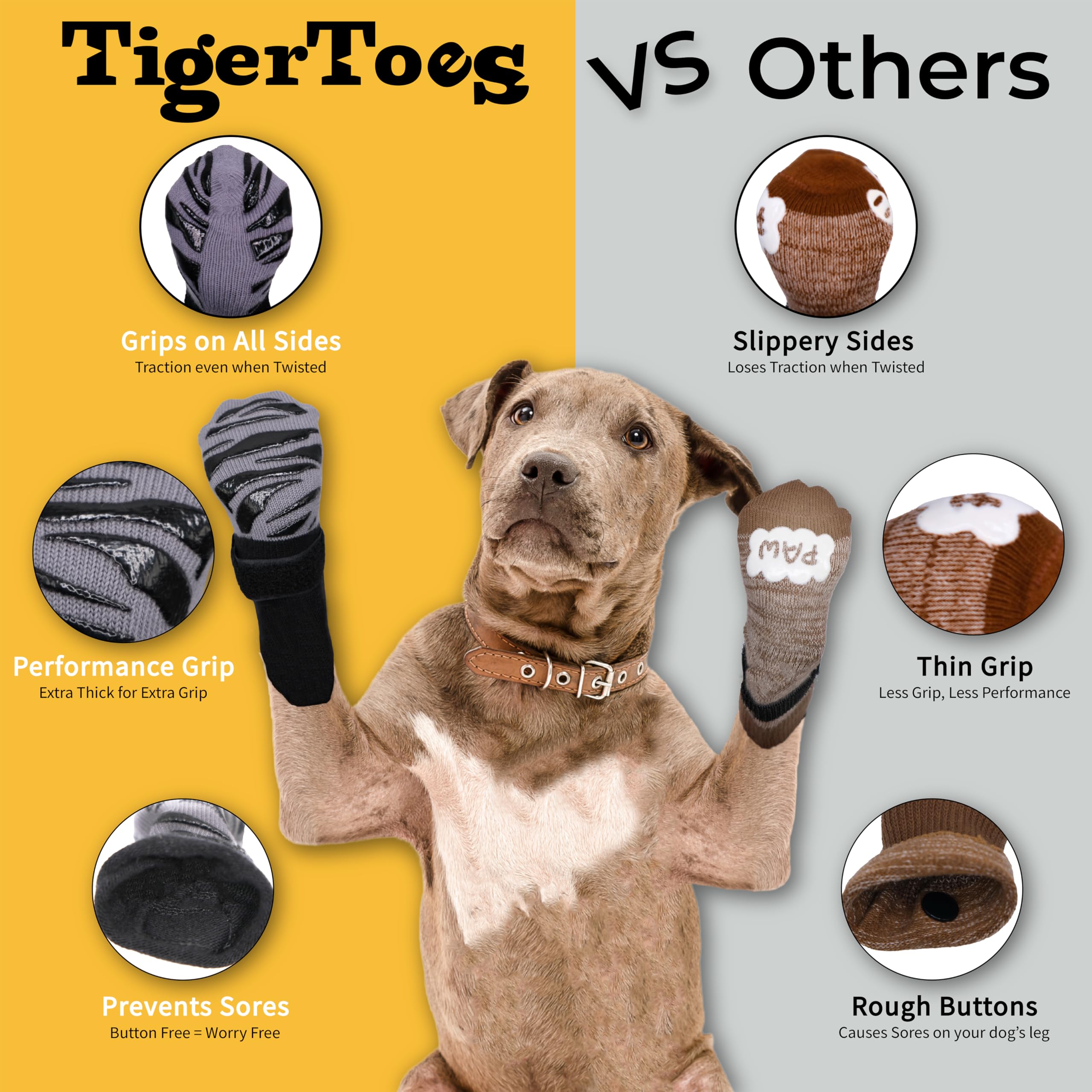 DOK TigerToes Premium Non-Slip Dog Socks for Hardwood Floors - Extra-Thick Grip That Works Even When Twisted - Prevents Licking, Slipping, and Great for Dog Paw Protection - Size Small