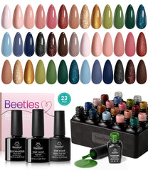 beetles Gel Polish Set 23Pcs Gel Nail Polish Red Green Blue Brown Glitter Gel Nail Polish Soak Off Uv Lamp Base Glossy and Matte Top Coat Manicure Kit Gift for Her