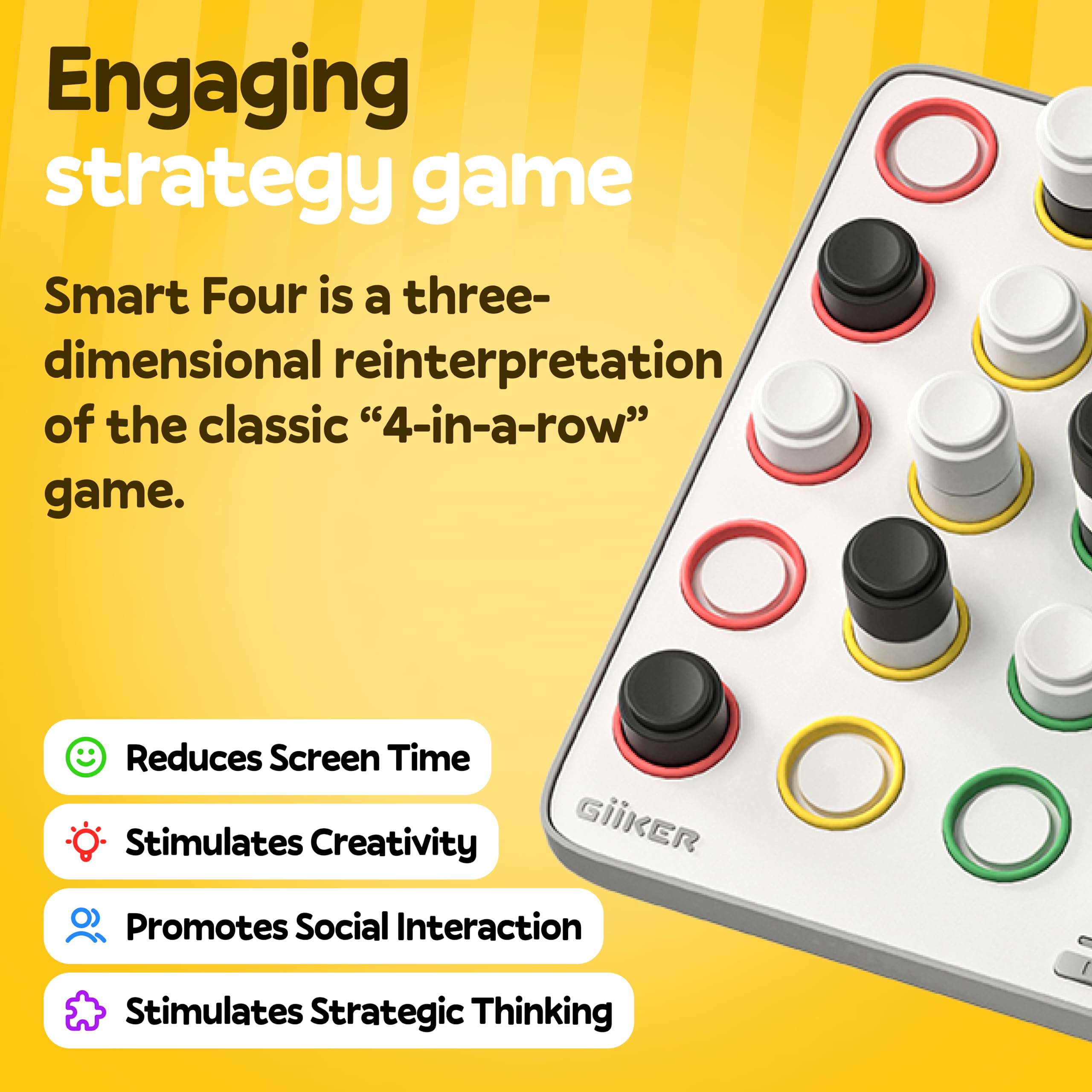 GiiKER Smart Four, 3D AI-Powered 4 in a Row Game, Strategy Board Games with Integrated Referee for 1-2 Players, Travel Games for Ages 6-12 and up, Birthday Gift for Kids Family Game Night