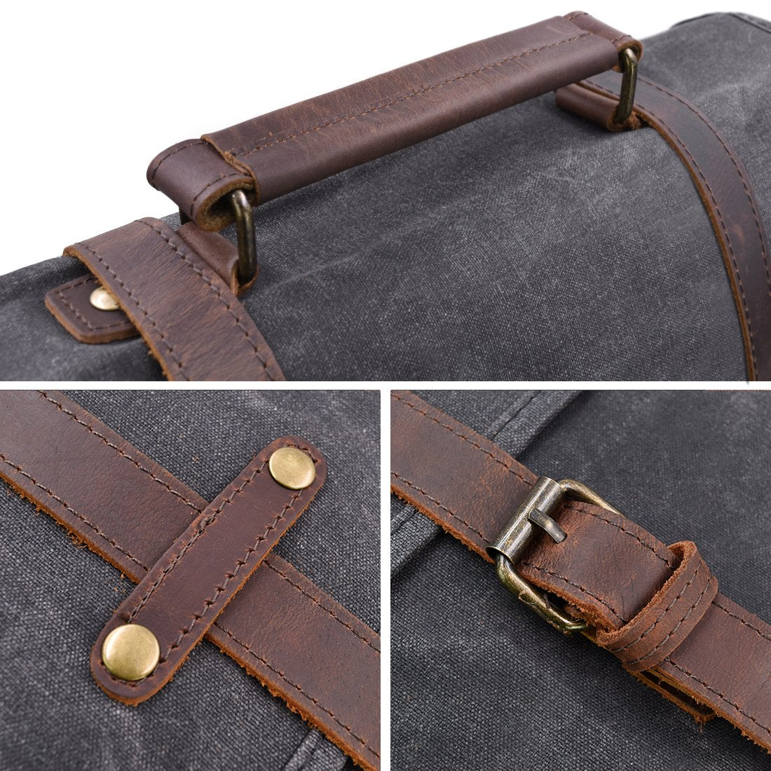 Mens Messenger Bag 15.6 Inch Waterproof Vintage Genuine Leather Waxed Canvas Briefcase Large Satchel Shoulder Bag Rugged Leather Computer Laptop Bag, Grey