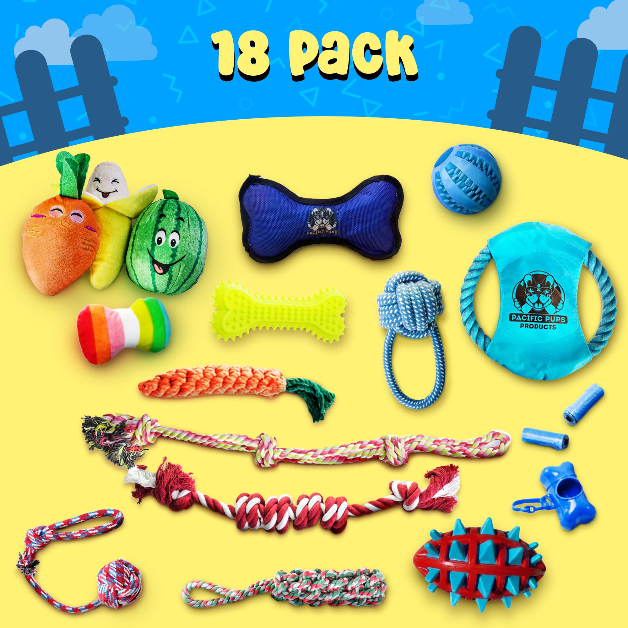 Pacific Pups 18 Piece Dog Toy Set - Plush, Rope & Chew Toys Support Non-Profit Dog Rescue