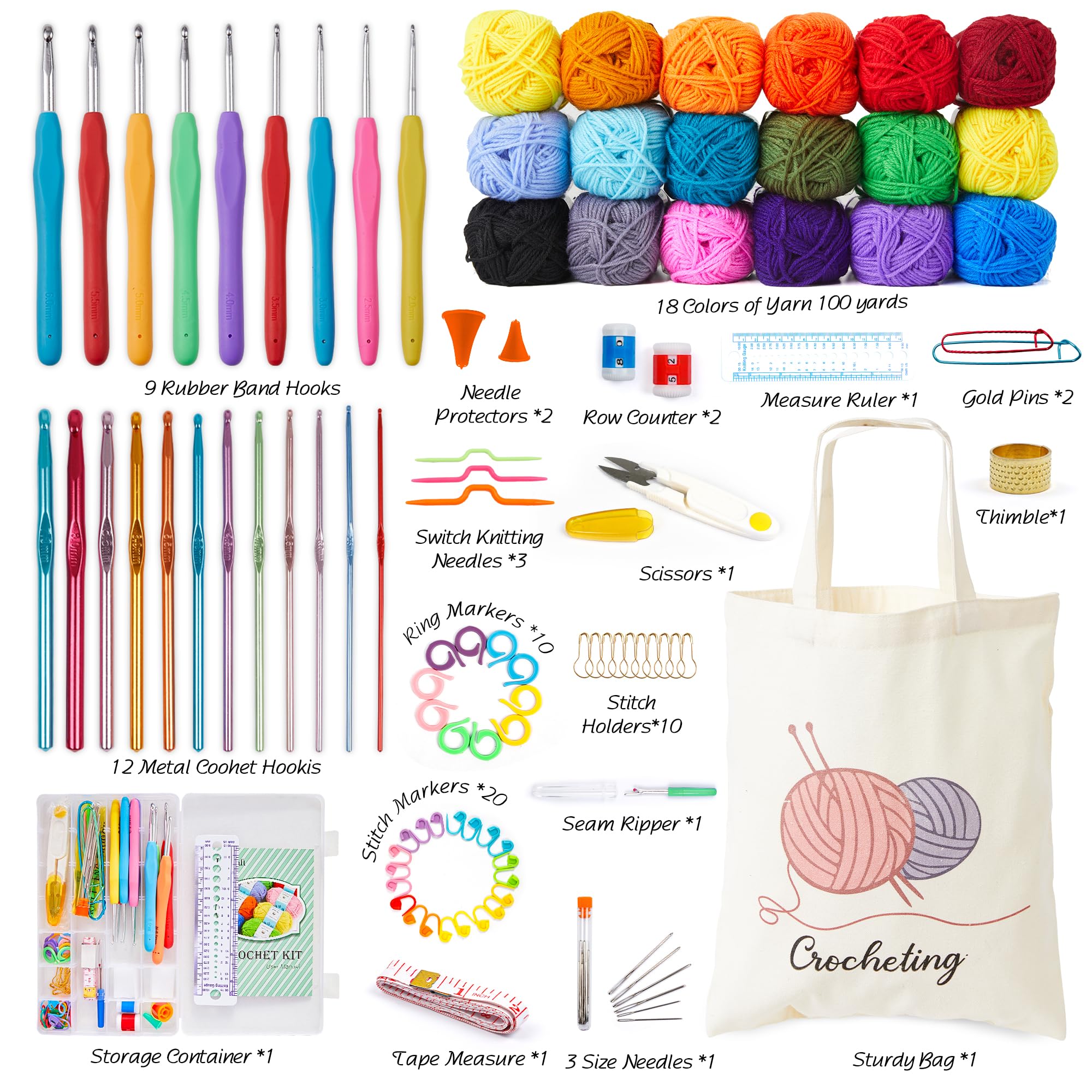 INSCRAFT Crochet Kit for Beginners Adults, 18 Large Acrylic Yarn Skeins 1800 Yards Yarn, 105 PCS Crochet Kit with Hooks Yarn Set,Includes Canvas Tote Bag, Ideal Starter Pack for Kids Professionals
