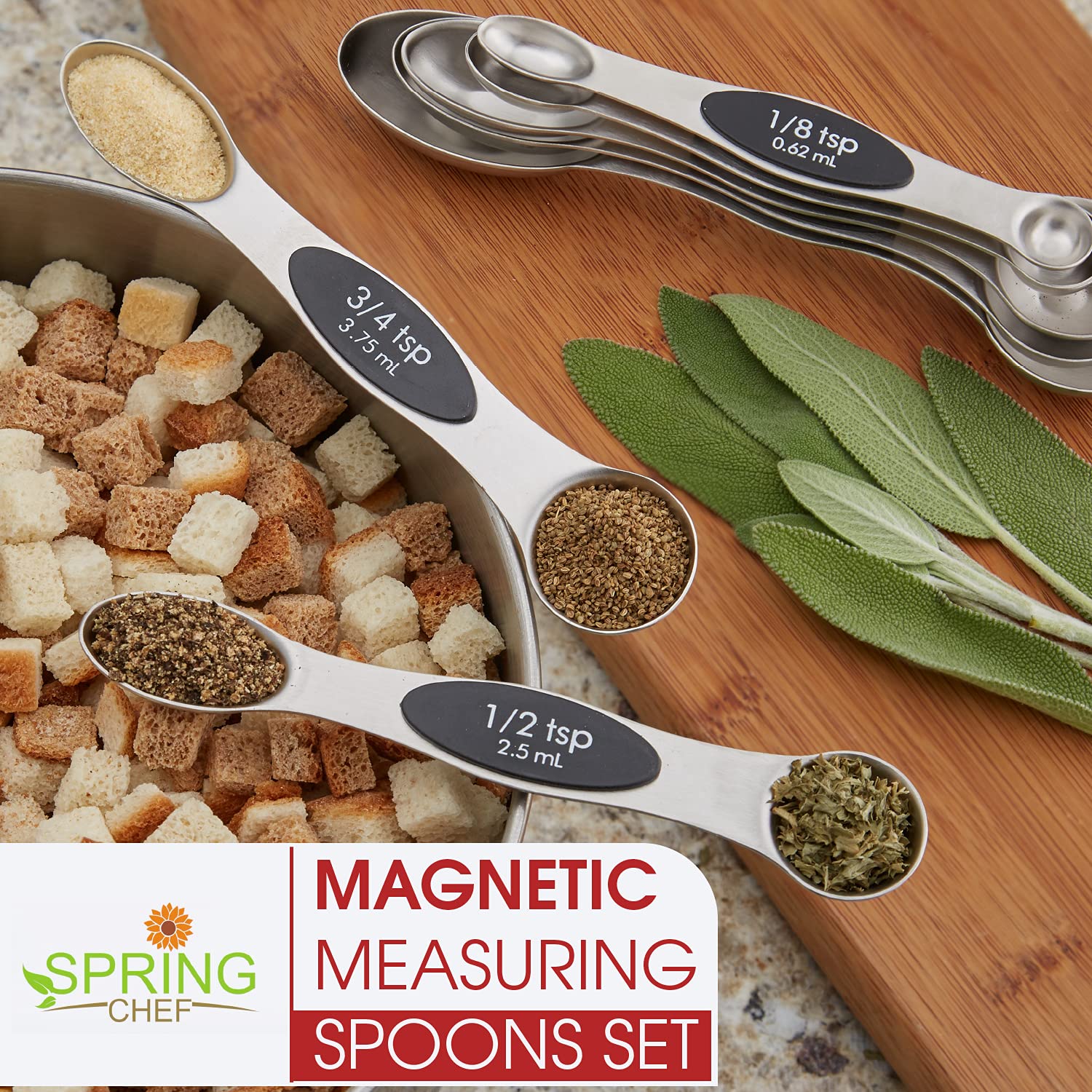 Spring Chef Magnetic Measuring Spoons Set with Strong N45 Magnets, Heavy Duty Stainless Steel Metal, Fits in Most Kitchen Spice Jars for Baking & Cooking, BPA Free, Black, Set of 8 with Leveler