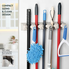 HOME IT Mop And Broom Holder - Garage Storage Systems with 5 Slots, 6 Hooks, 7.5lbs Capacity Per Slot - Garden Tool Organizer For 11 Tools - For Home, Kitchen, Closet, Laundry Room - Off-White