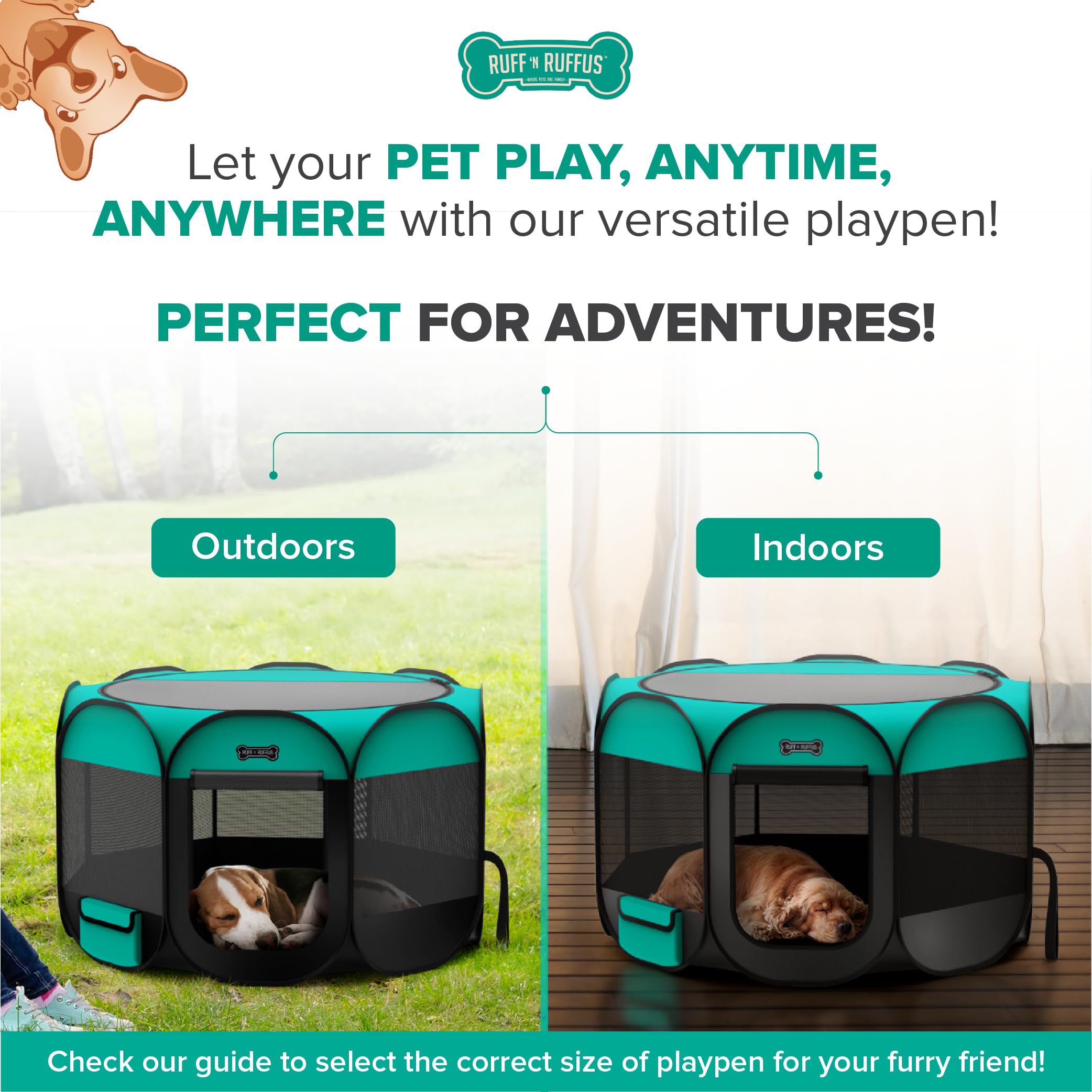 Ruff 'N Ruffus Portable Foldable Pet Playpen + Carrying Case & Collapsible Travel Bowl | Indoor/Outdoor use | Water Resistant | Removable Shade Cover (Medium)