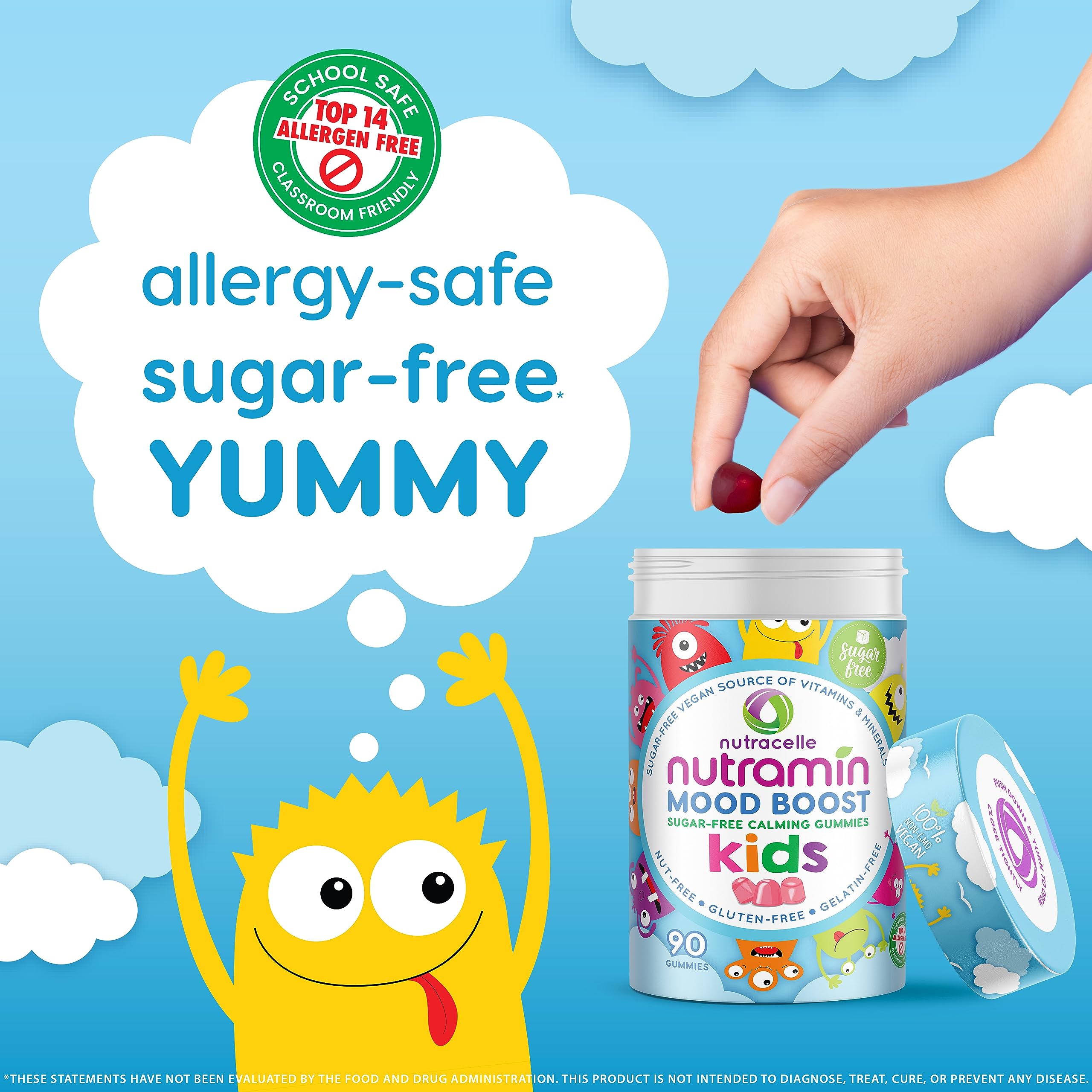 NUTRAMIN Kids Mood Boost Vitamin Gummy: The Yummy and Calm Magnesium Citrate Supplement for Children with Ashwagandha & Vitamin B Complex Anti-Stress Blend - Sugar-Free, Allergy-Safe, Vegan 90 ct