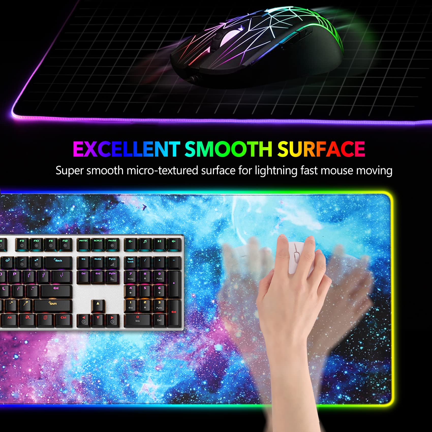 AIMSA RGB Gaming Mouse Pad Extended, Large Led Mousepads Non-Slip Rubber Base with 14 Lighting Modes, Computer Keyboard Mat Soft Desk pad Waterproof 35.4 x 15.8 inches, Galaxy Nebula Universe