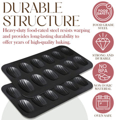 Bellemain Madeleine Pan | 12-Well Madeleine Mold Makes 12 Madeleine Cookies | Nonstick Tea Cake Pan for Madeleines, Cakelet Pan | Warp-Resistant Carbon Steel Madeline Pans (2-Pack)