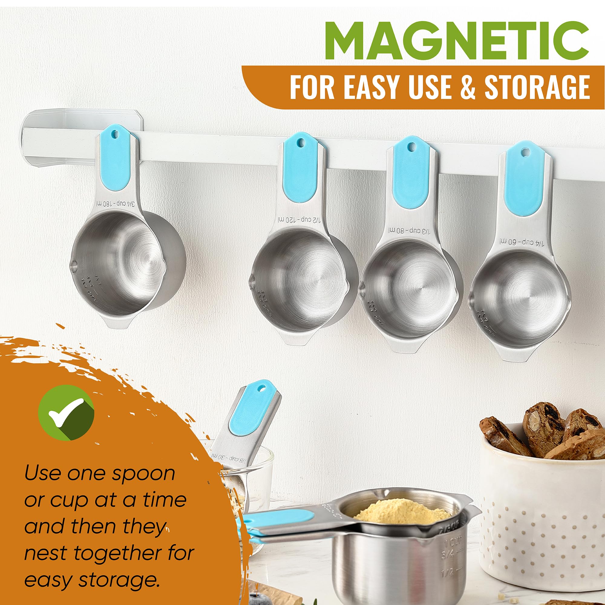 Spring Chef Magnetic Measuring Cups & Spoons Set (Patent Pending), Strong Magnets, Heavy Duty Stainless Steel Fits in Spice Jars for Baking & Cooking, BPA Free, Round Set of 15 with Leveler, Aqua Sky