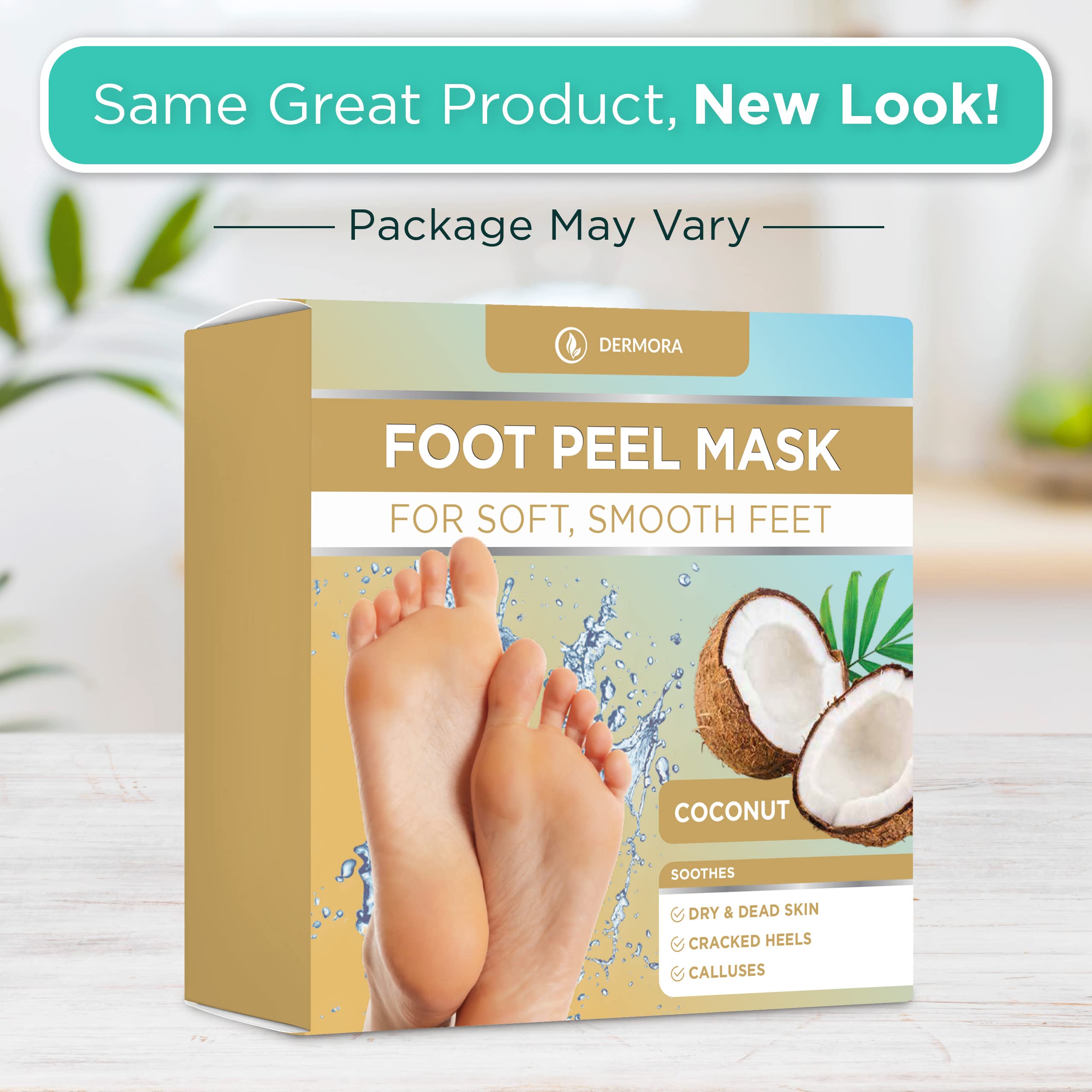 DERMORA Exfoliating Foot Peel Mask for baby soft feet, Dry, Cracked, Callus, Dead Skin Remover Coconut Scent, 2 Pack of Regular Size