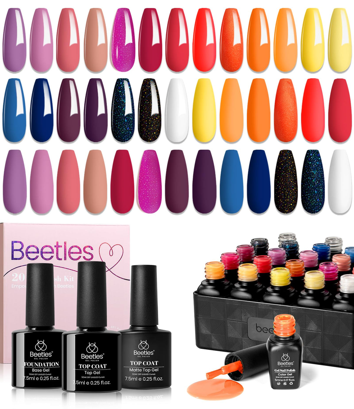 Beetles Gel Nail Polish Set 20 Colors Neon Nail Polish Rainbow Pink White Red Green Orange Gel Nail Polish Spring Purple Blue Dark Glitter Gel Polish Set with 2024 Glossy Matte Top Coat and Base Coat