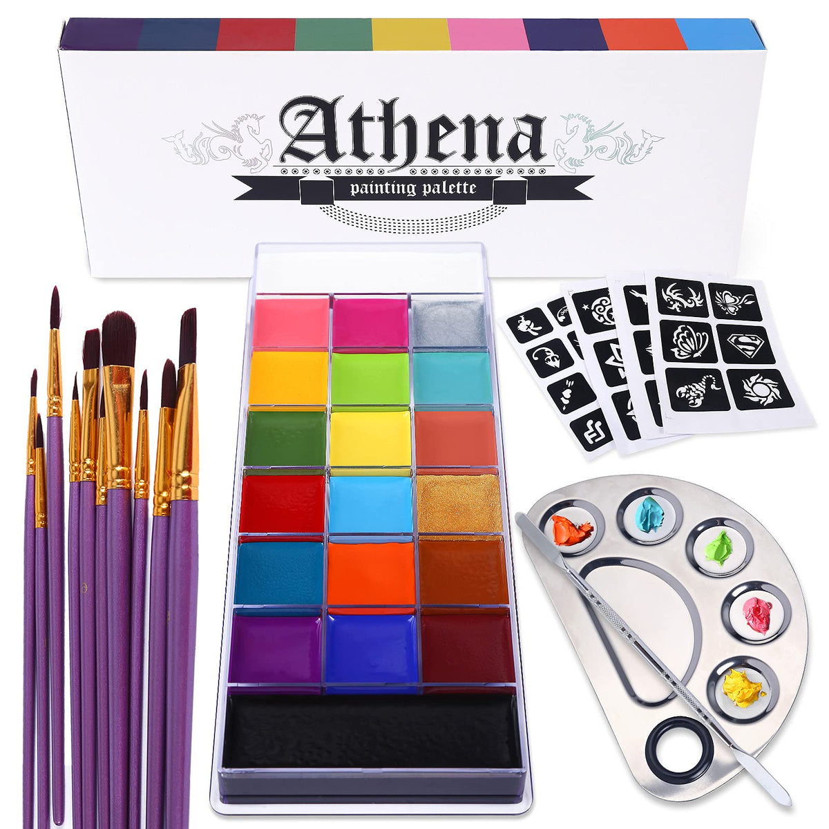 UCANBE Athena Face Body Paint Oil Makeup Set, 20 Colors FX Halloween Party Painting with Stainless Steel Mixing Palette and Spatula Tool,10 pcs Artist Paintbrushes,Tattoo Stencil Arts Crafts kit