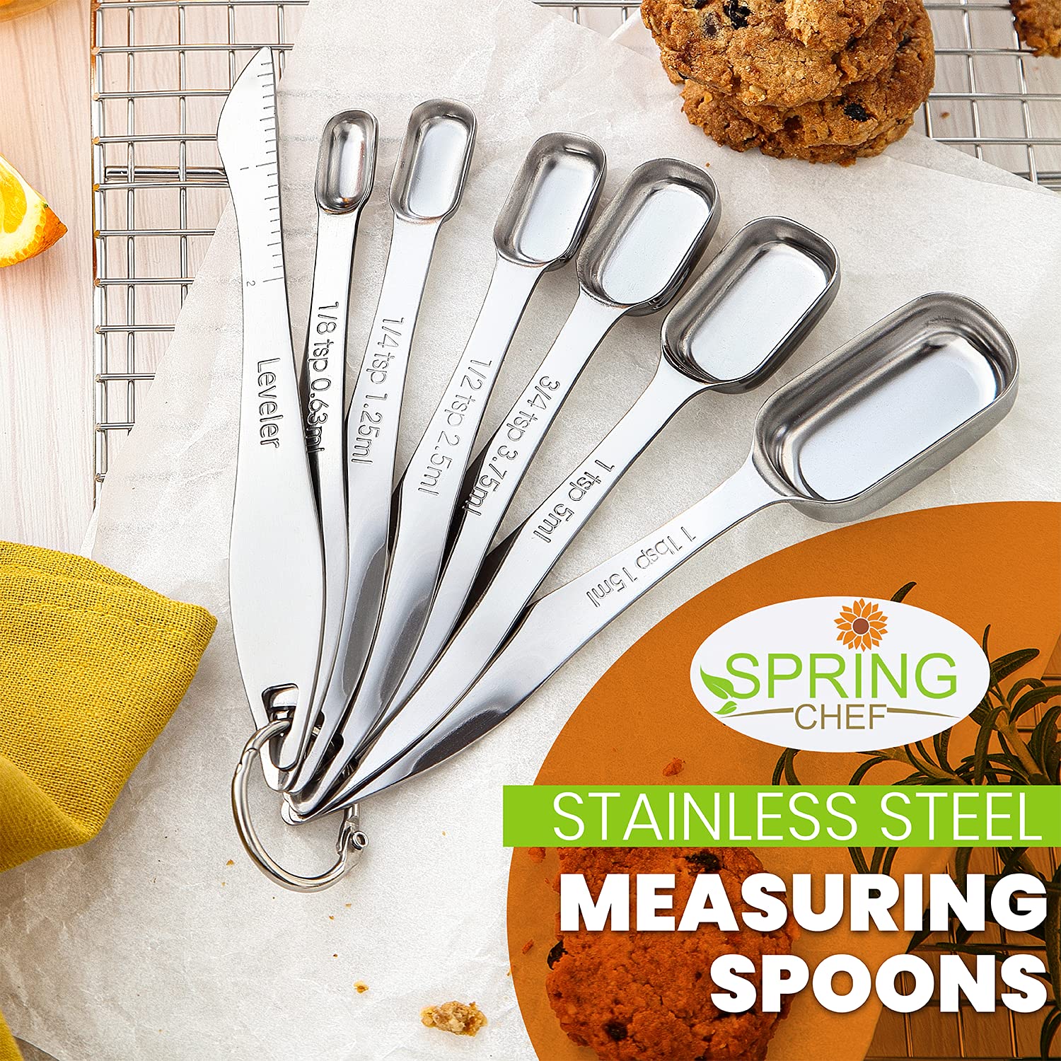 Spring Chef Stainless Steel Measuring Spoons Set of 7 with Leveler, Rectangular Metal Teaspoon & Tablespoon Measuring Spoons for Dry & Liquid Ingredients - Nesting Kitchen Gadgets For Baking & Cooking