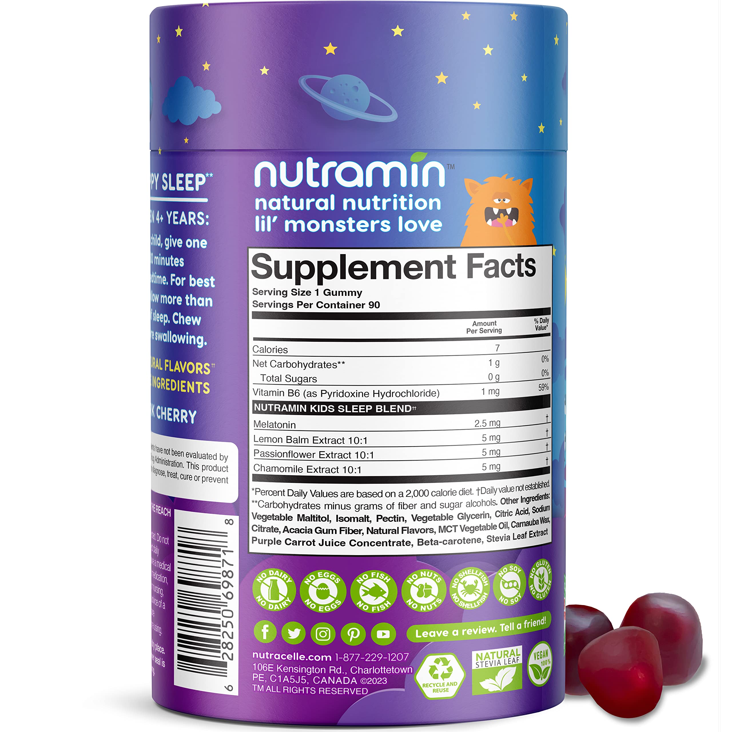 NUTRAMIN Kids Sleep Gummy - Sugar-Free & Vegan - 100% Natural Sleeping Aid with Melatonin Sleep Gummies for Kids - Hypoallergenic, Halal, Kosher, Non GMO - Dark Cherry - 90 Count