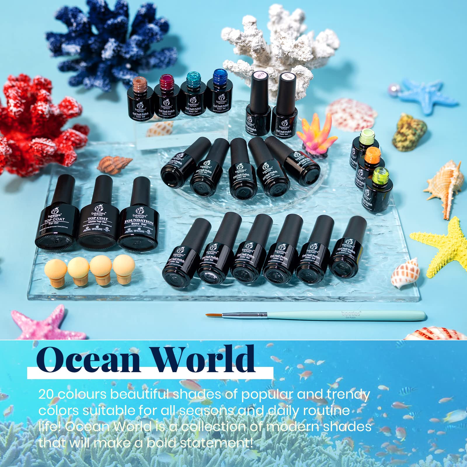 beetles Gel Polish Nail Set 23 Pcs 20 Colors Ocean World Collection White Glitter Purple Green Nude Blue Manicure Kit with Base Glossy and Matte Top Coat Uv Led Nail Lamp