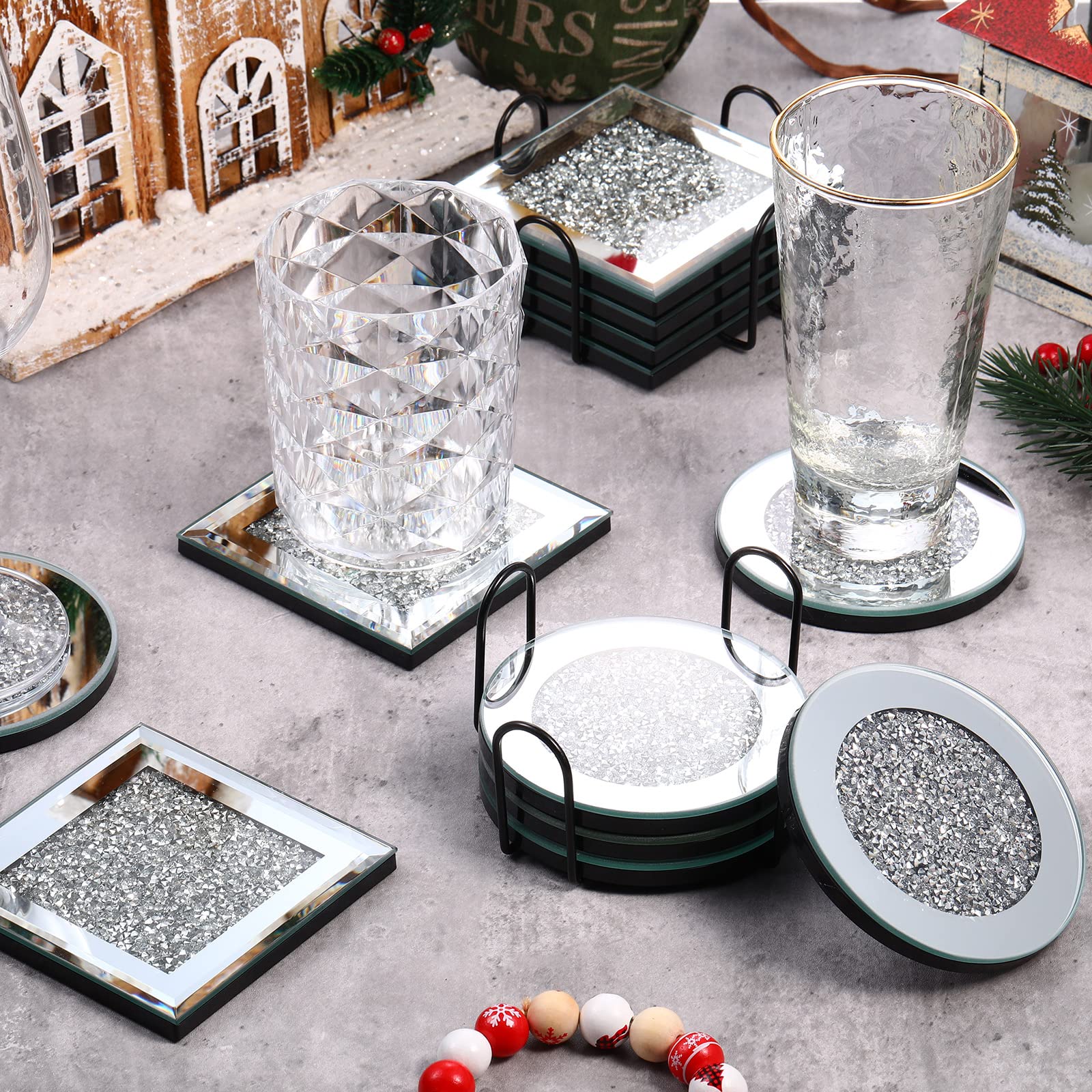Mimorou 14 Pcs Glass Mirrored Coasters with Holder Set 12 Round Square Crushed Diamond Coaster 4 Inch Silver Crystal Cup Mat 2 Black Holder for Kitchen Dining Table Home Coffee