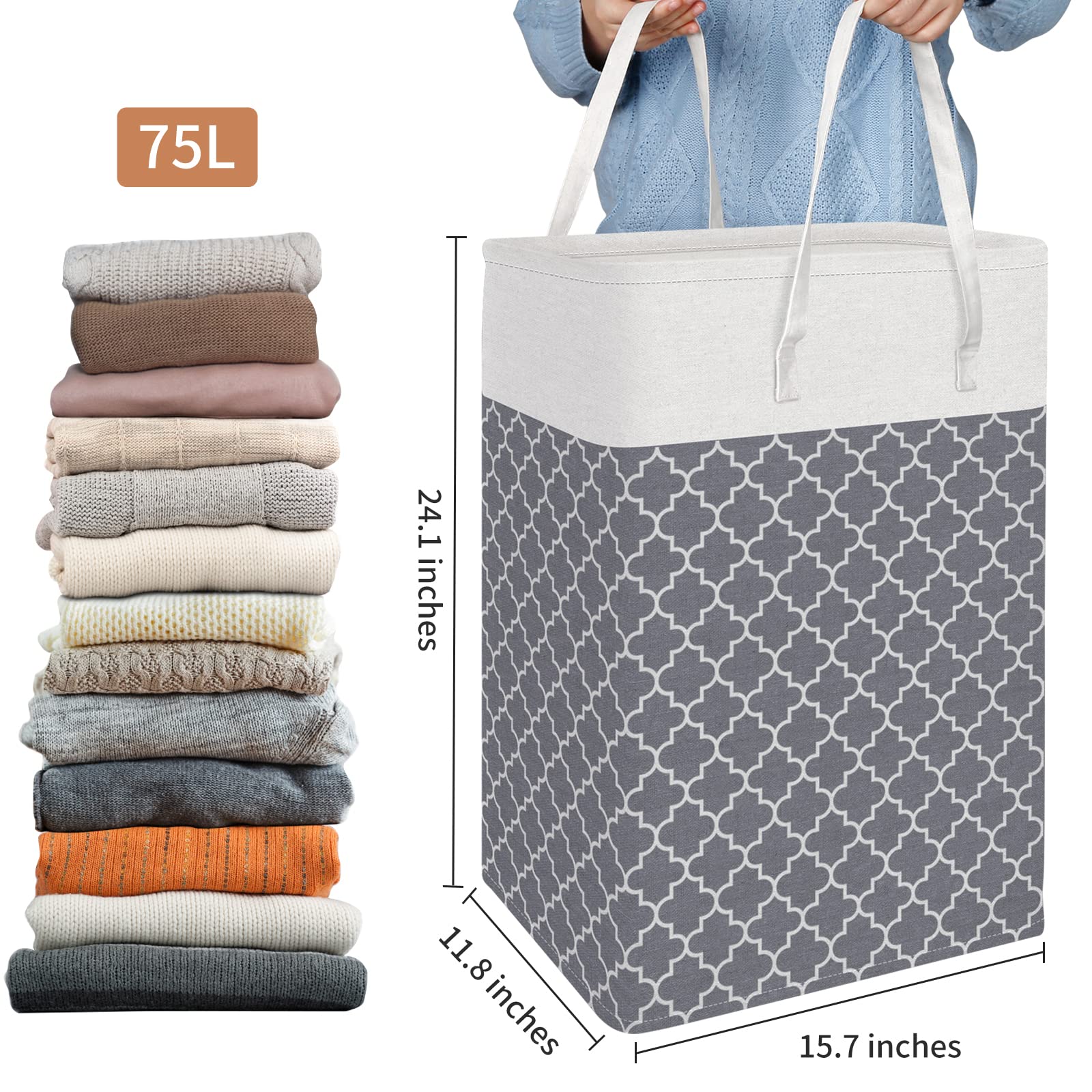 HomeHacks Laundry Baskets 2-Pack, Laundry Hamper with Long Handles, Collapsible Waterproof Clothes Hamper, Durable Tall Laundry Bin, Clothes Hamper for Bedroom, Bathroom, Dorm, Toys, 75L, Grey