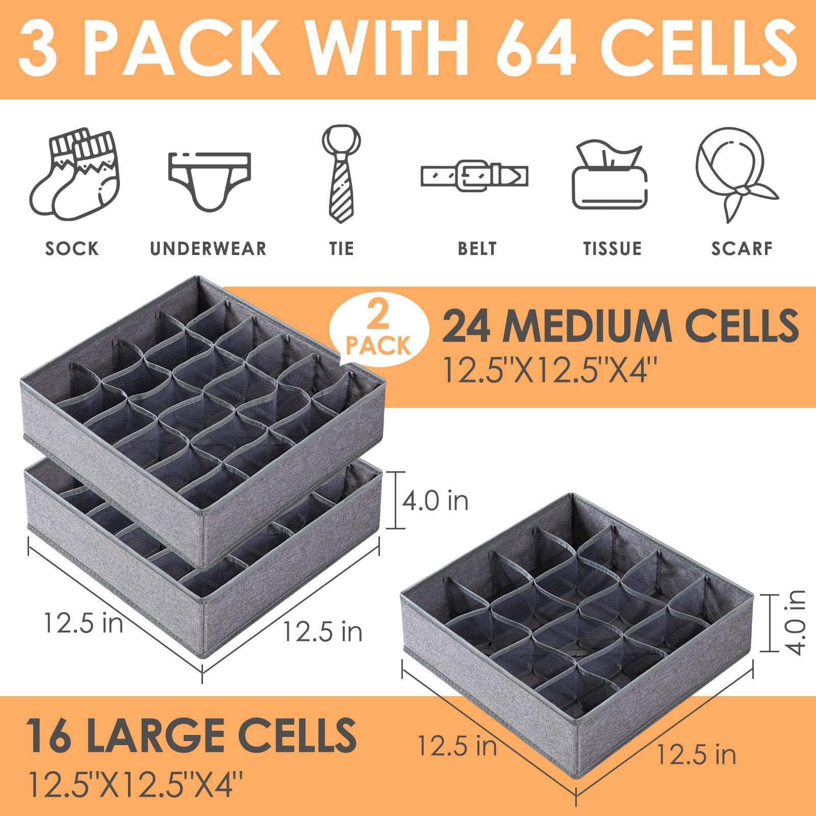 Criusia 3 Pack Sock Underwear Organizer Dividers, 64 Cell Fabric Foldable Cabinet Closet Organizers and Storage Boxes for Storing Socks, Underwear, Ties (16+24+24 Cell, Gray)