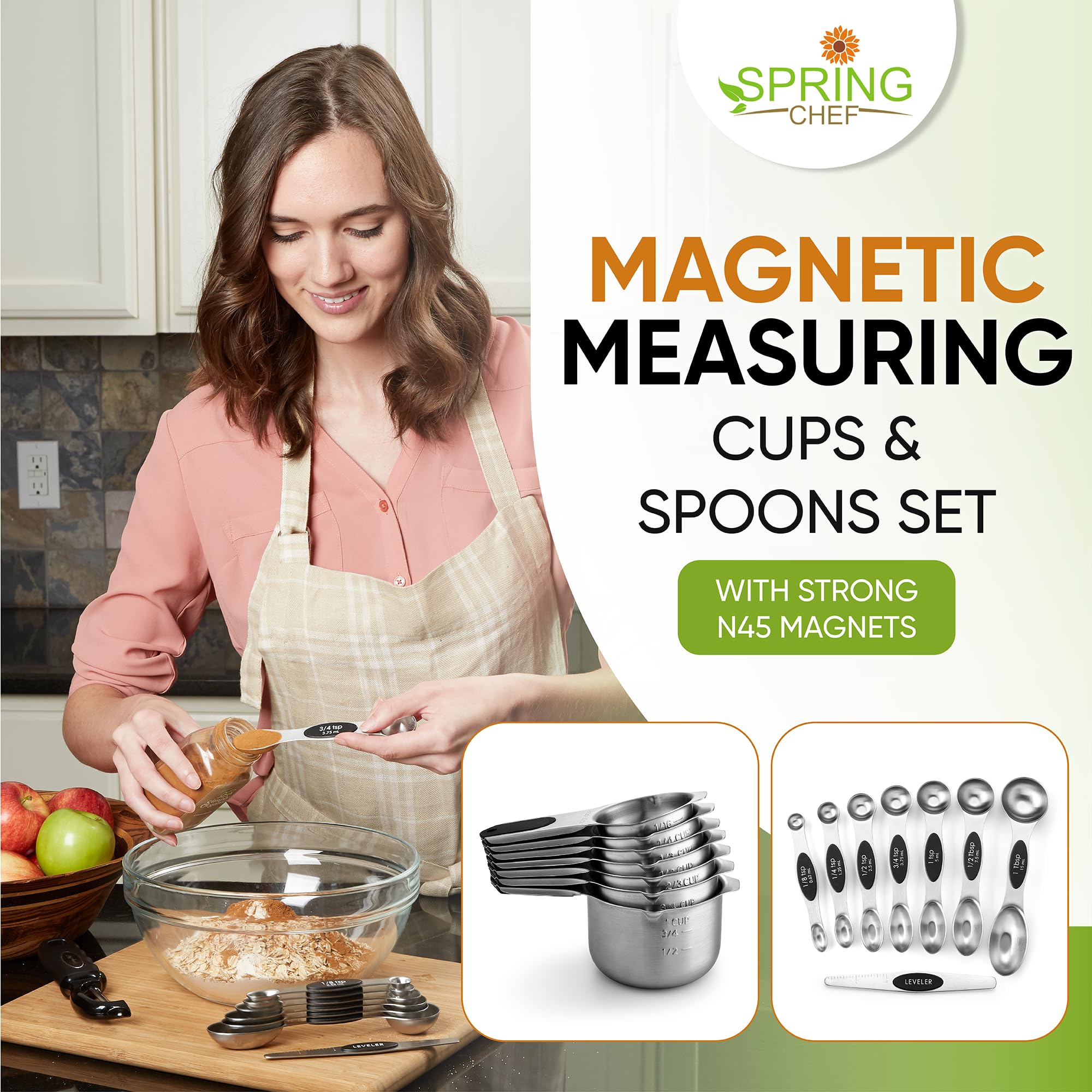 Spring Chef Magnetic Measuring Cups & Spoons Set (Patent Pending), Strong N45 Magnets, Heavy Duty Stainless Steel Fits in Spice Jars for Baking & Cooking, BPA Free, Round Set of 15 with Leveler, Black