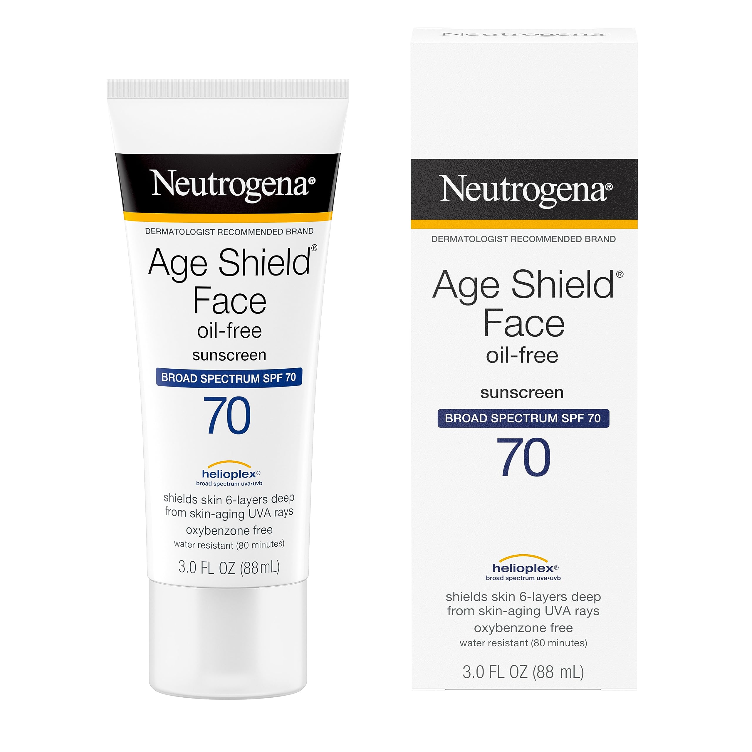 Neutrogena Age Shield Face Oil-Free Sunscreen Lotion with Broad Spectrum SPF 70, Non-Comedogenic Moisturizing Sunscreen to Help Prevent Signs of Aging, PABA-Free, 3 fl. oz (Pack of 3)