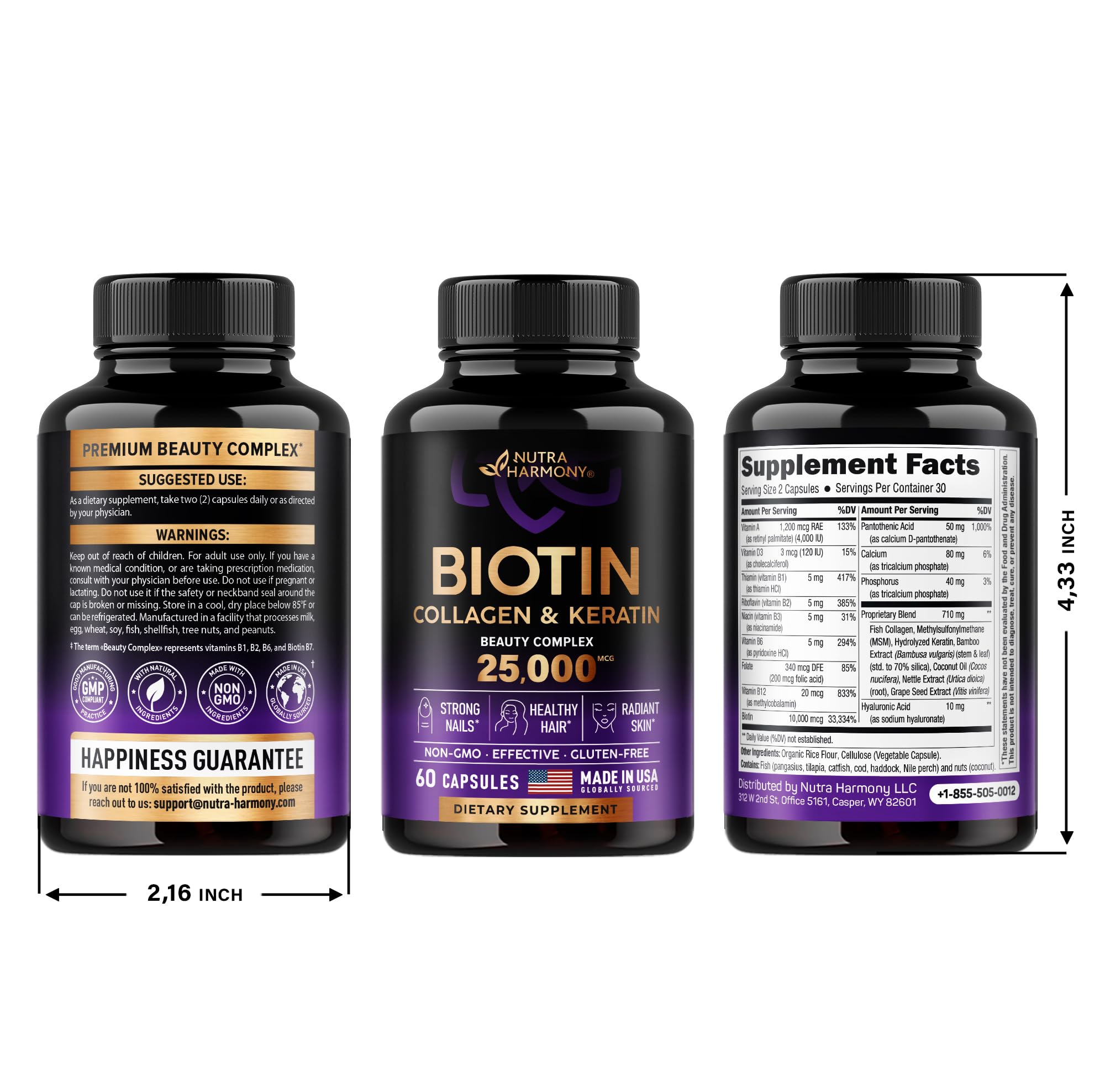 Biotin | Collagen | Keratin | Hyaluronic Acid - Hair Growth Support Supplement | Skin & Nails Beauty Complex 25000 mcg - B1 | B2 | B3 | B6 | B7 - Made in USA - For Women & Men | 60 Capsules