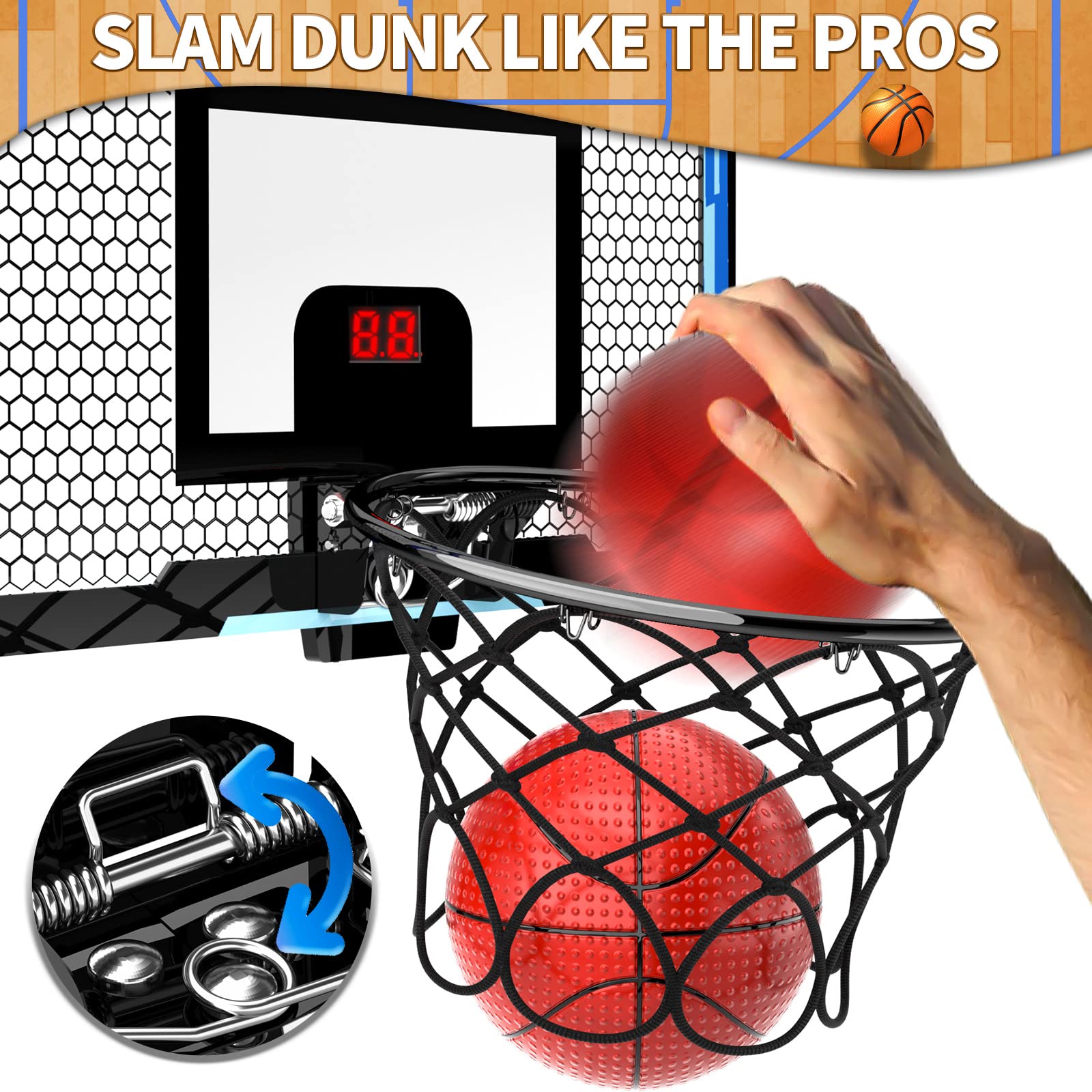 Indoor Kids and Adults Door Room Mini Basketball Hoop with Electronic Scoreboard, 4 Balls, Basketball Toys Suit for Bedroom/Office/Outdoor