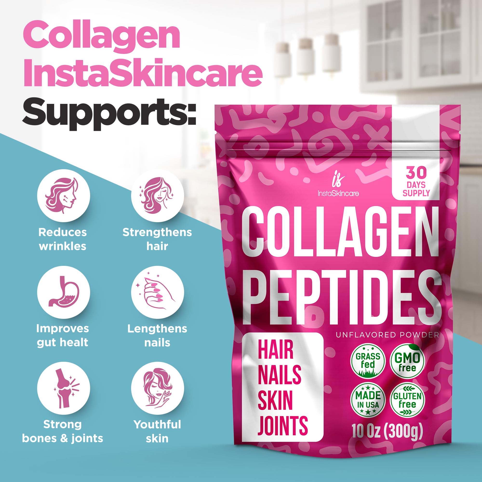 Collagen Peptides Powder for Women Hydrolyzed Collagen Protein Types I and III Non-GMO Grass-Fed Gluten-Free Kosher and Pareve Unflavored Easy to Mix Drink Healthy Hair Skin Joints Nails 10 Oz