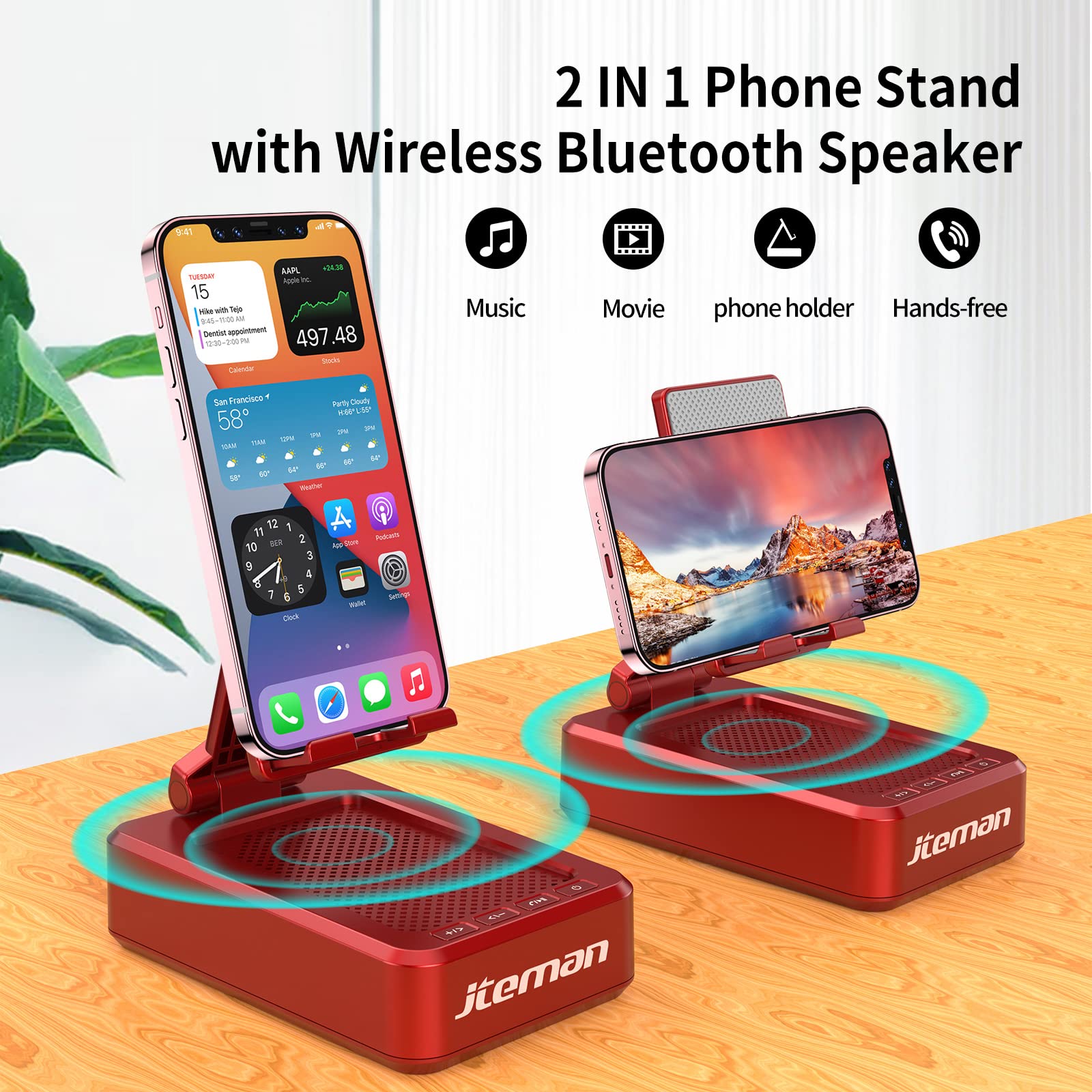 JTEMAN Portable Wireless Bluetooth Speakers with Phone Stand,Gifts for Women and Men,Birthday Christmas for Women Men,Kitchen Gadgets for Men,Compatible for iPhone/Samsung/Mini iPad - Red