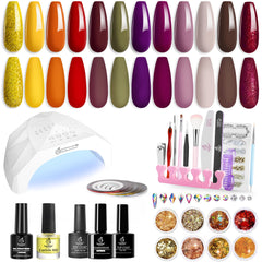 Beetles Gel Nail Polish Starter Kit with 48W LED Nail Lamp Gel Base Top Coat Orange Green Burgundy Gel Polish Glitter Powder Nail Art Red Glitter Nail Polish