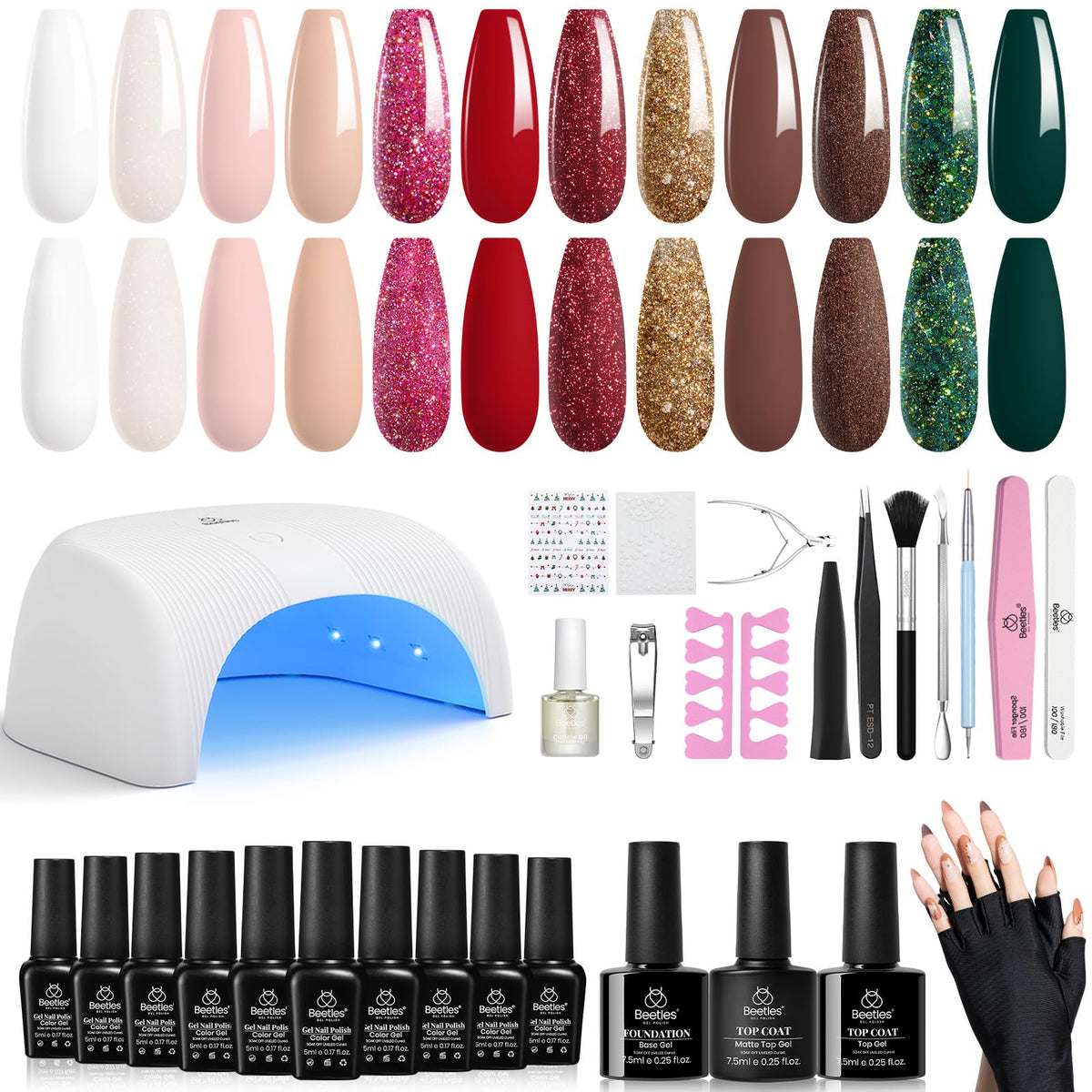 Beetles Gel Nail Polish Kit with U V Light,12 Colors Gel Polish Starter Kit Wonderland LED Nail Lamp Base Top Coat Green Red Glitter Gel Manicure New Year Gifts for Women Beetles Gift Spree