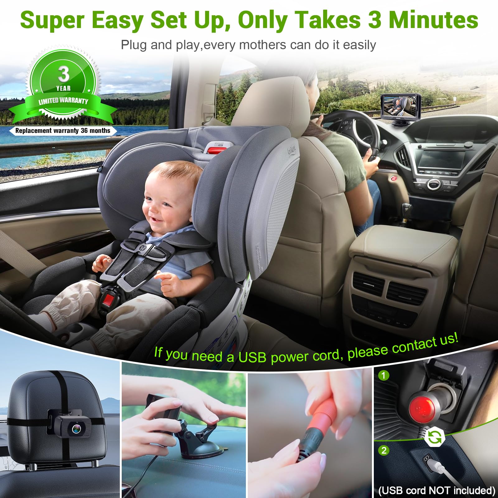 Baby Car Camera Ease Installation: Eye Protection Clear Night Vision 360° Rotation Rear Facing Baby Car Mirror for 2 Kids HD 1080P 150° Wide View Stability Backseat Camera with Monitor -Rohent N06