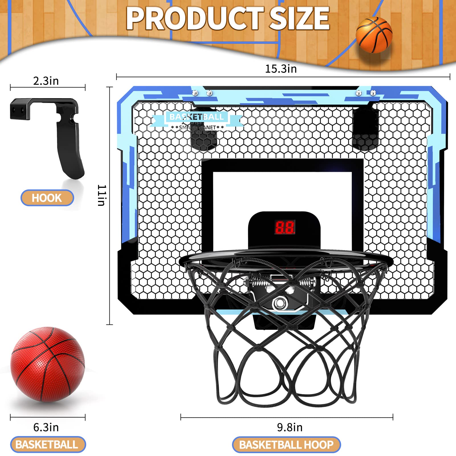 Indoor Kids and Adults Door Room Mini Basketball Hoop with Electronic Scoreboard, 4 Balls, Basketball Toys Suit for Bedroom/Office/Outdoor