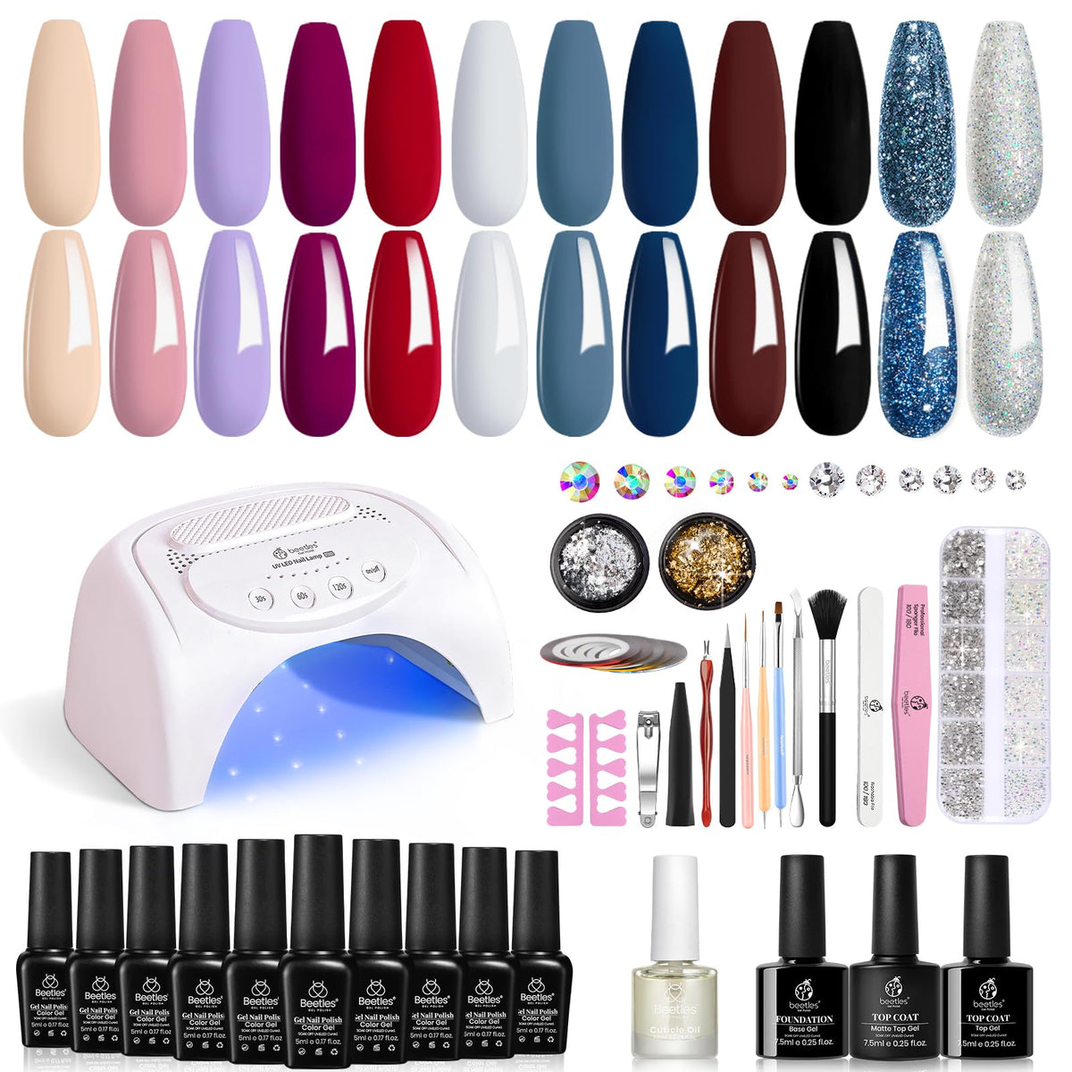 Beetles Gel Nail Polish Kit with 48w Uv Light Gel Nail Starter Kit 12 Colors Pink Nude Blue Glitter Gray Gel Polish with Base Gel Top Coat Soak Off Gel Polish Set Gifts for Women