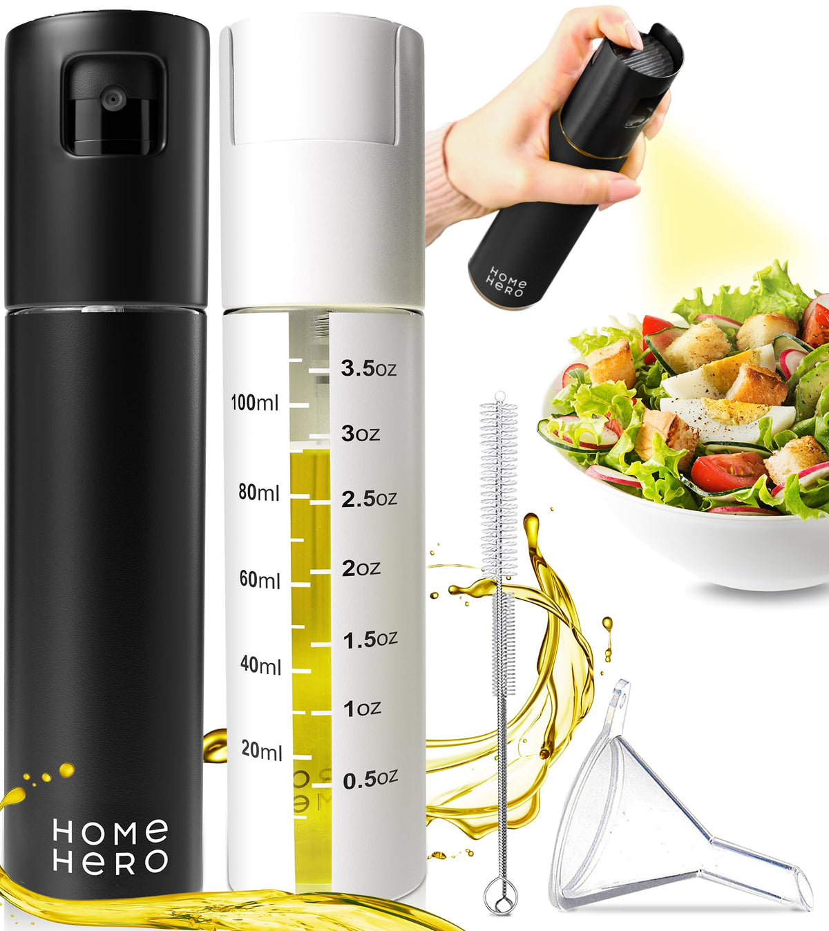 Home Hero 2 Pcs Oil Sprayer for Cooking - 120 ml Olive Oil Sprayer for Cooking - Olive Oil Spray Bottle for Cooking with Funnel & Cleaning Brush (Black & White Oil Spray)