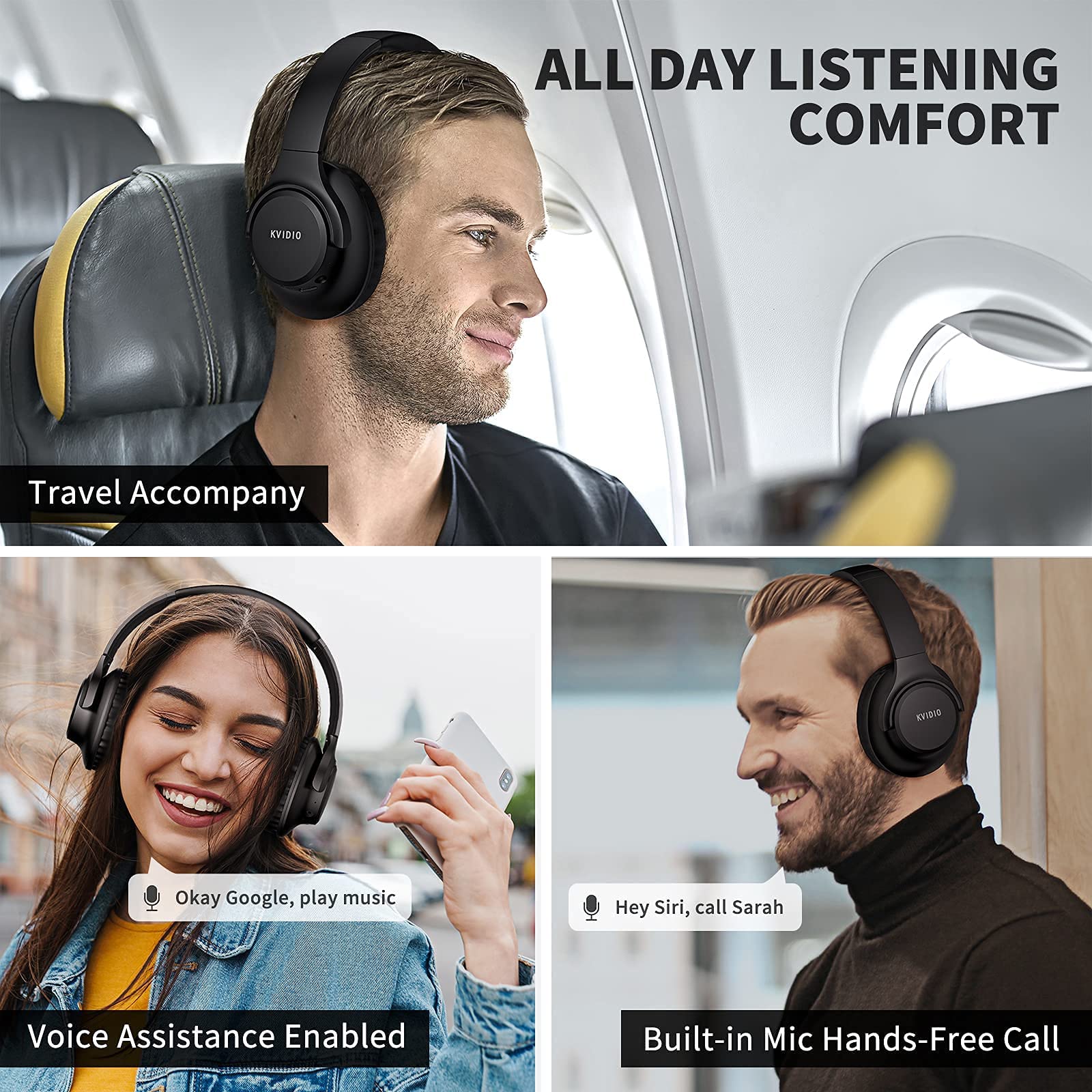 KVIDIO [Updated Bluetooth Headphones Over Ear, 65 Hours Playtime Wireless Headphones with Microphone,Foldable Lightweight Headset with Deep Bass,HiFi Stereo Sound for Travel Work Cellphone