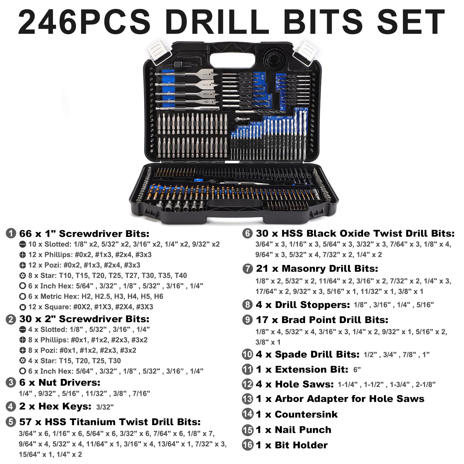 COMOWARE Drill Bit Set, 246 Pcs for Cordless Drill, Drill Driver Bit Set for Wood, Metal, Masonry, Cement and Screwdriver Bits Set Combo Kit