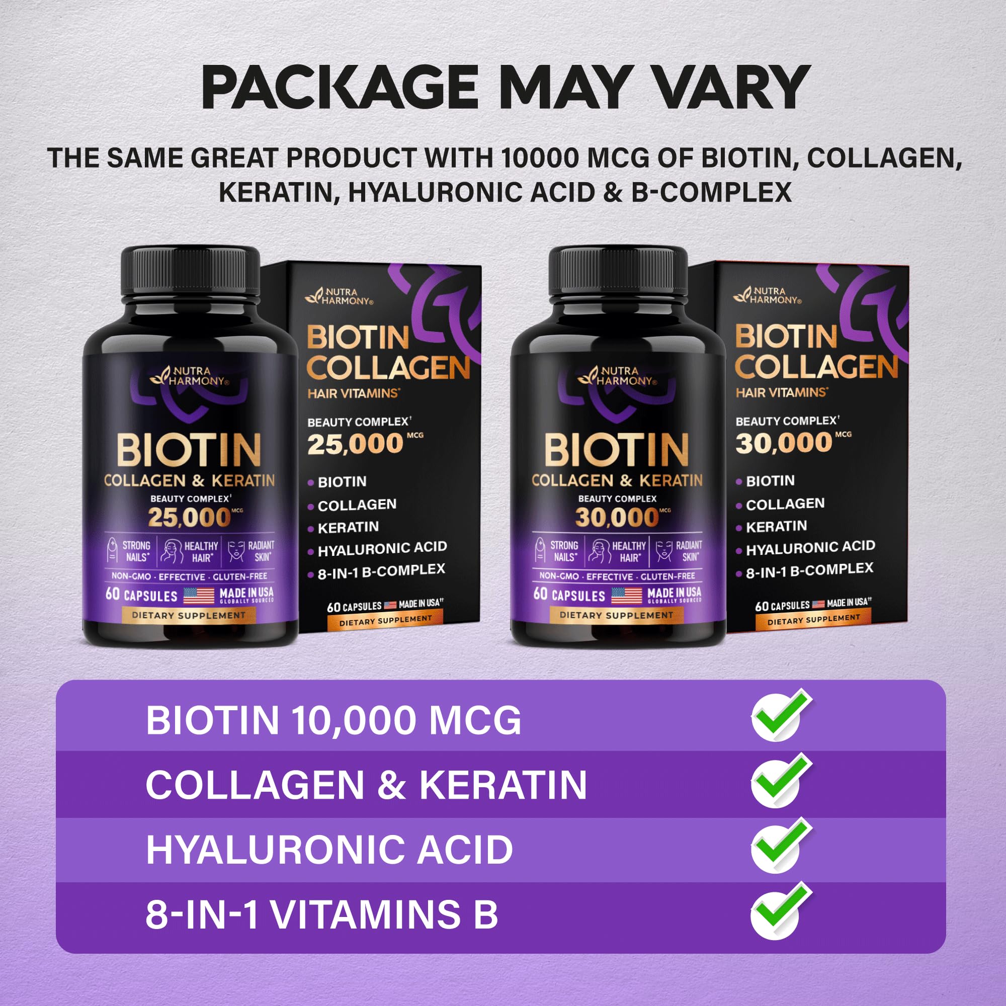 Biotin | Collagen | Keratin | Hyaluronic Acid - Hair Growth Support Supplement | Skin & Nails Beauty Complex 25000 mcg - B1 | B2 | B3 | B6 | B7 - Made in USA - For Women & Men | 60 Capsules