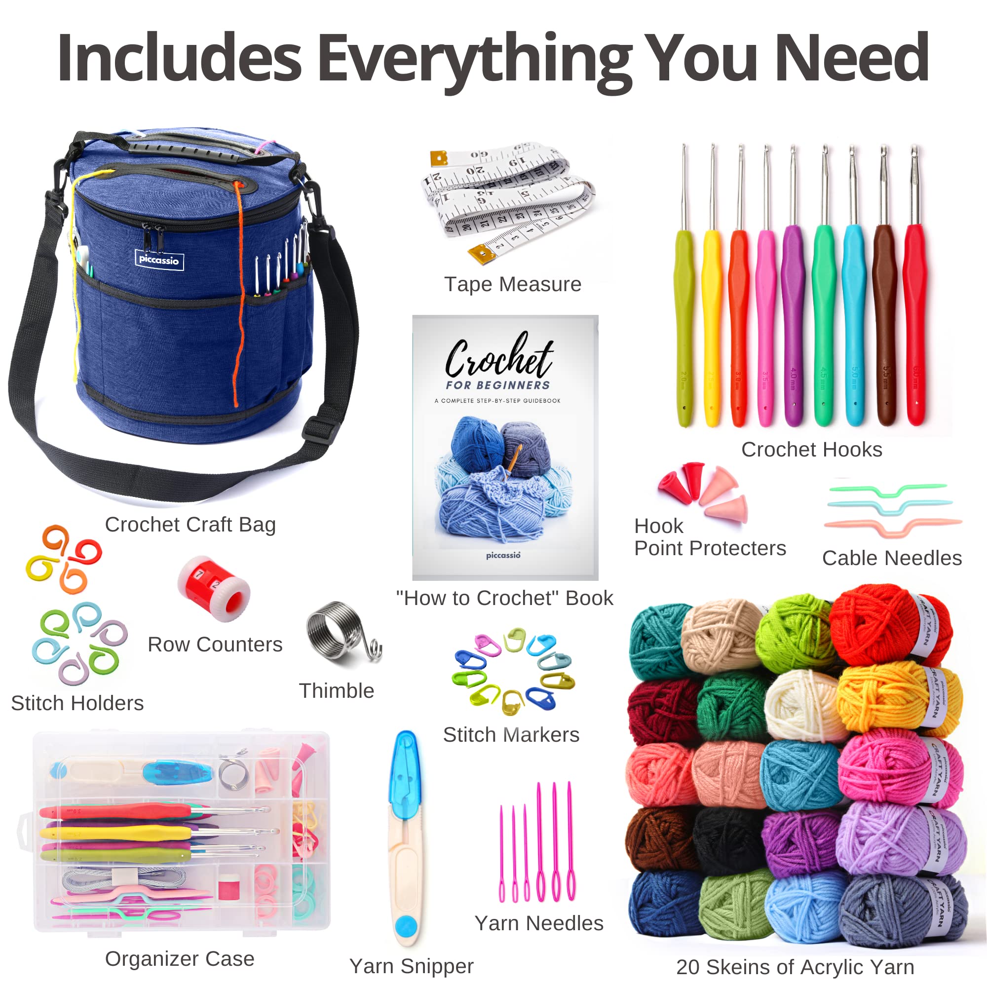 Crochet Kit for Beginners Adults and Kids - Make Amigurumi and other Crocheting Kit Projects - Beginner Crochet Kit Includes 20 Colors Crochet Yarn, Hooks, Book, Bag - Complete Crochet Starter Kit