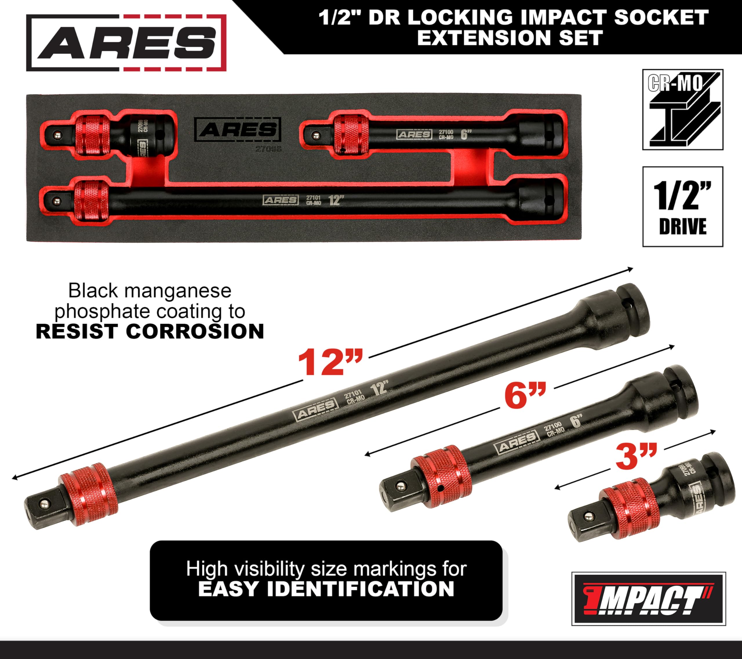 ARES 27098 – 3-Piece 1/2-Inch Drive Locking Impact Socket Extension Set – Aluminum Locking Ring Collar for Quick Release of Sockets and Accessories – 3-Inch, 6-Inch, and 12-Inch Extensions