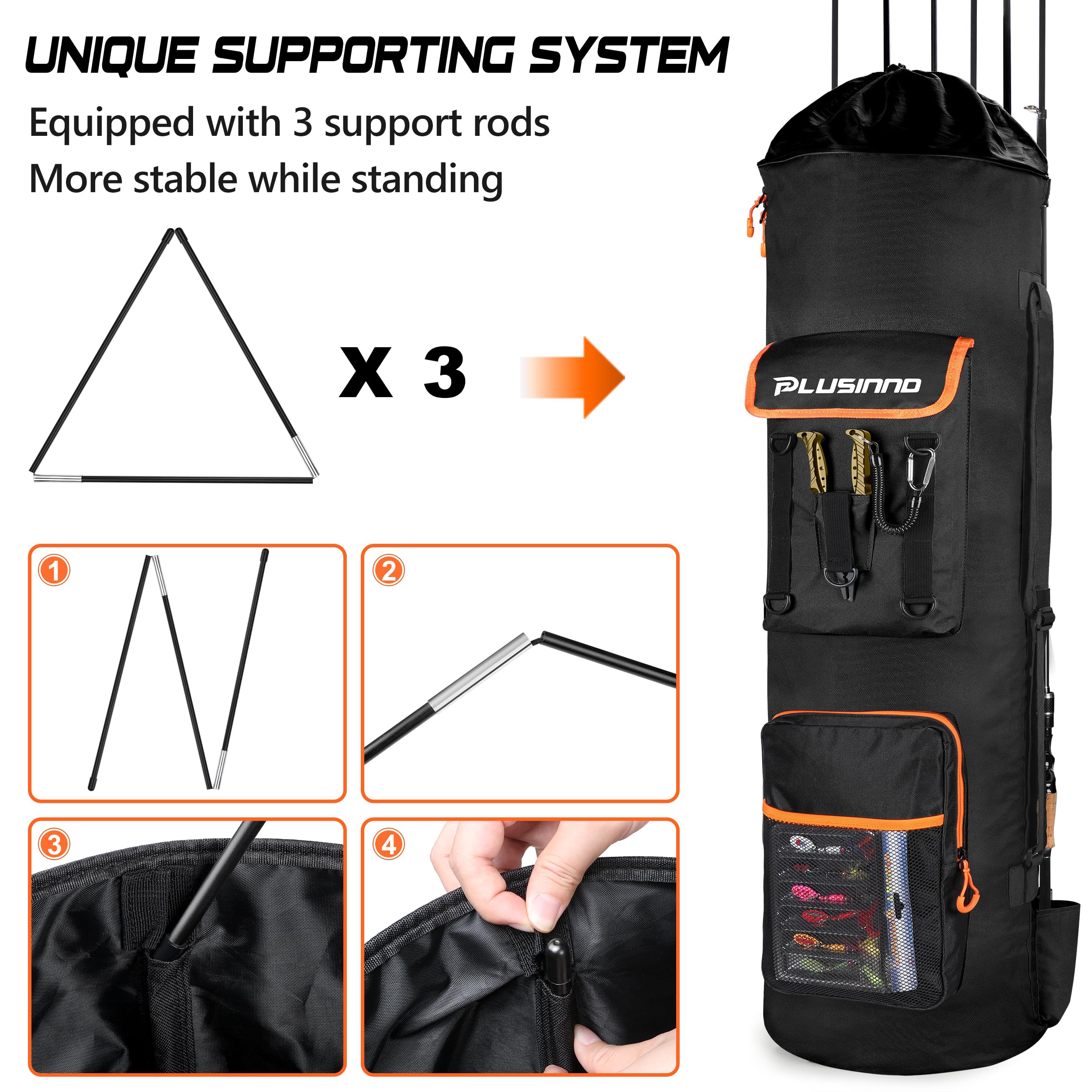 PLUSINNO Fishing Backpack with Rod Holders, Large Storage Fishing Tackle Bag Holds 6 Rods & Reels, Foldable Fishing Rod Bag Case for Fishing Gear Equipment, Fishing Gifts for Men, Black