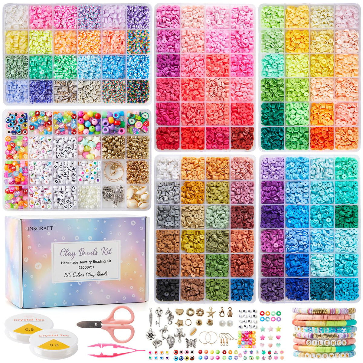 INSCRAFT 22000 Pcs Clay Beads for Bracelet Making Kit, 120 Colors Flat Round Polymer Clay Beads, Friendship Bracelet Kit Heishi Beads for DIY Jewelry Making, Crafts Gift for Girls Teen Ages 6-12